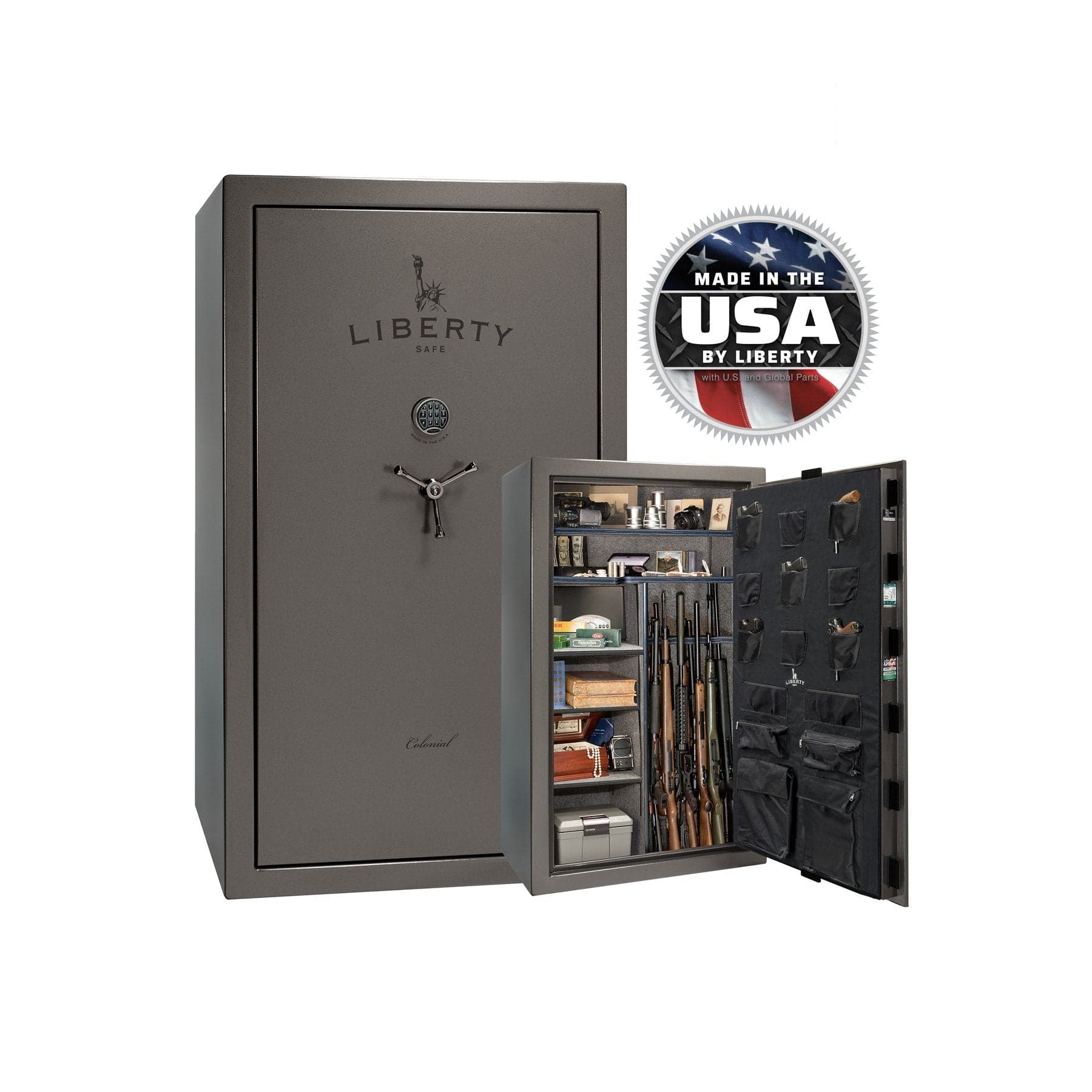 Liberty Colonial 50 Gun Safe – Ultimate Firearm Security and Storage - Gun Safe - Gloss Gray / Black Chrome / Gray Fabric