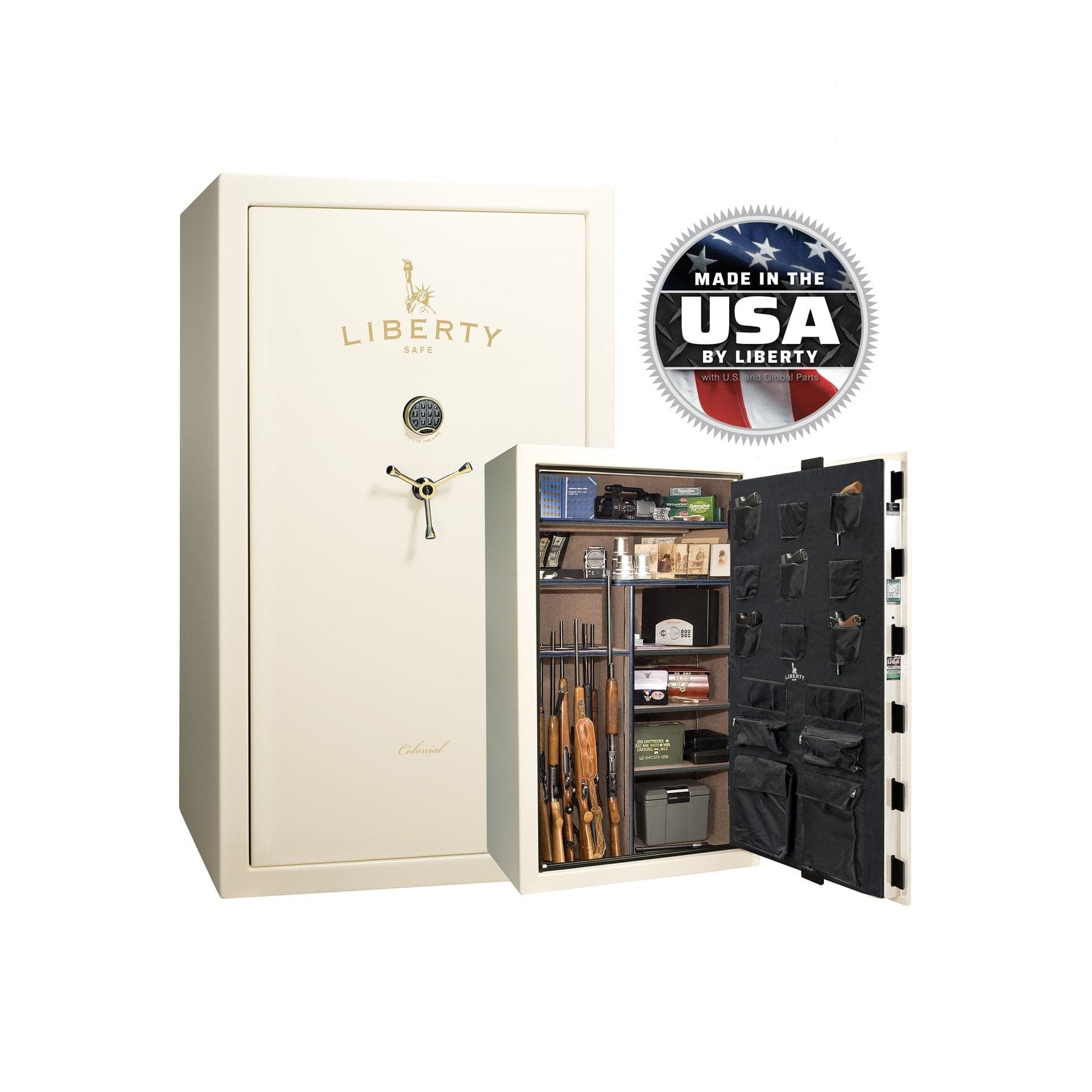 Liberty Colonial 50 Gun Safe – Ultimate Firearm Security and Storage - Gun Safe - Gloss White / Brass / Camel Fabric