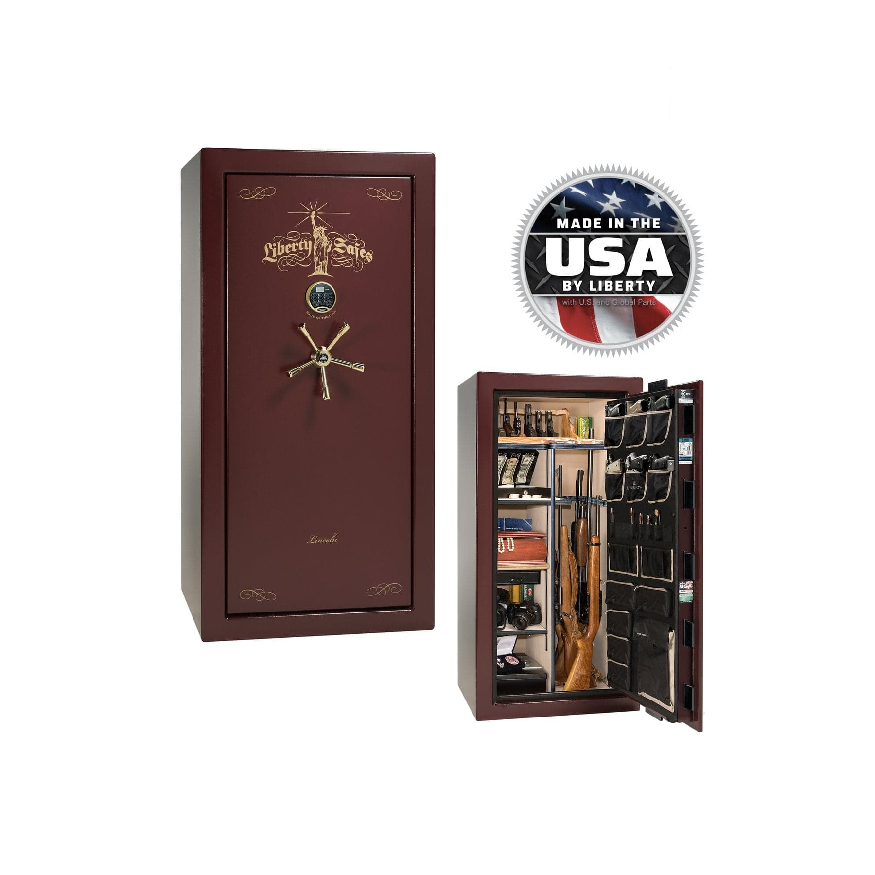Liberty Lincoln 25 Gun Safe – Secure, Fire - Rated Protection - Gun Safe - Gloss Burgundy / Brass / Beige Velour