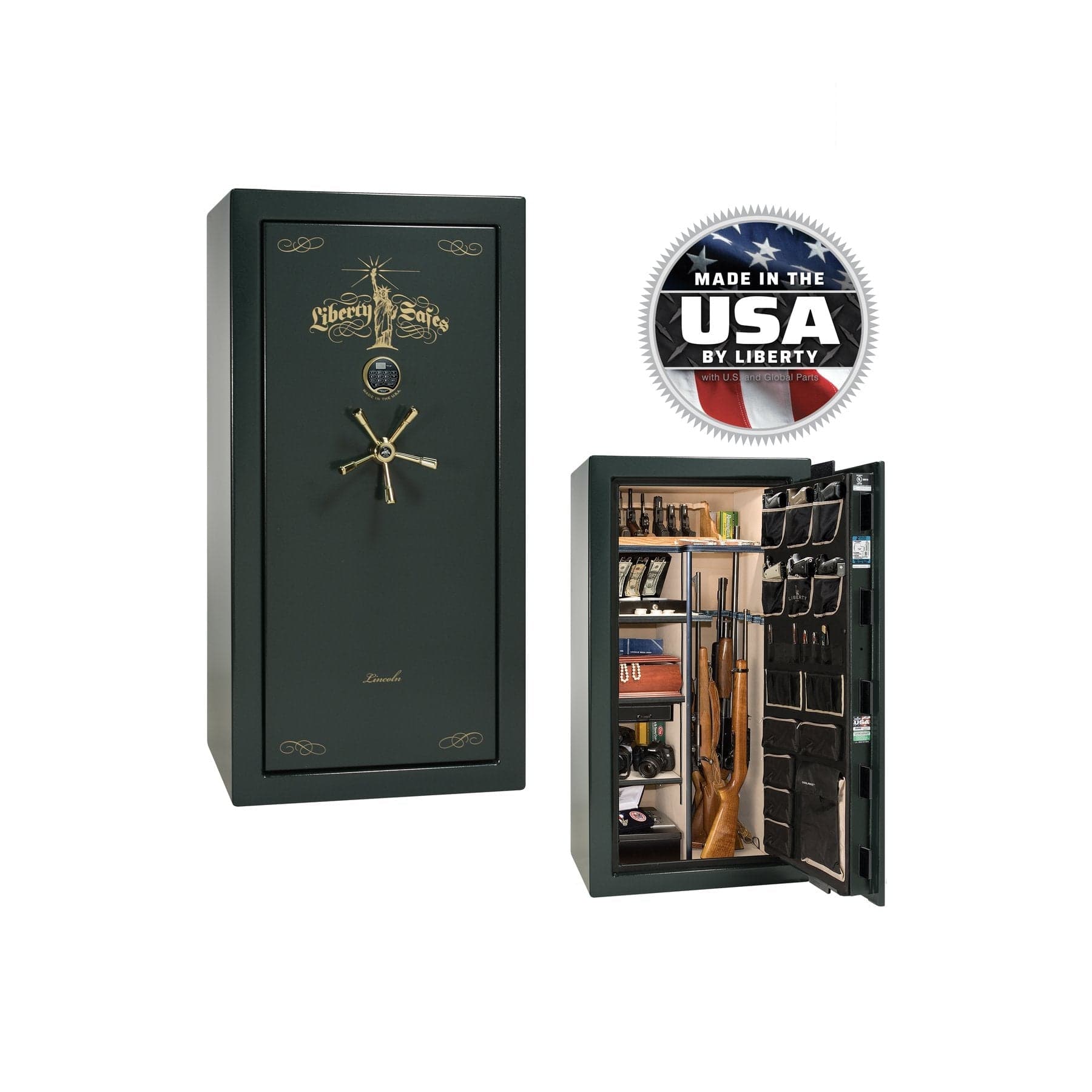 Liberty Lincoln 25 Gun Safe – Secure, Fire - Rated Protection - Gun Safe - Gloss Green / Brass / Beige Velour