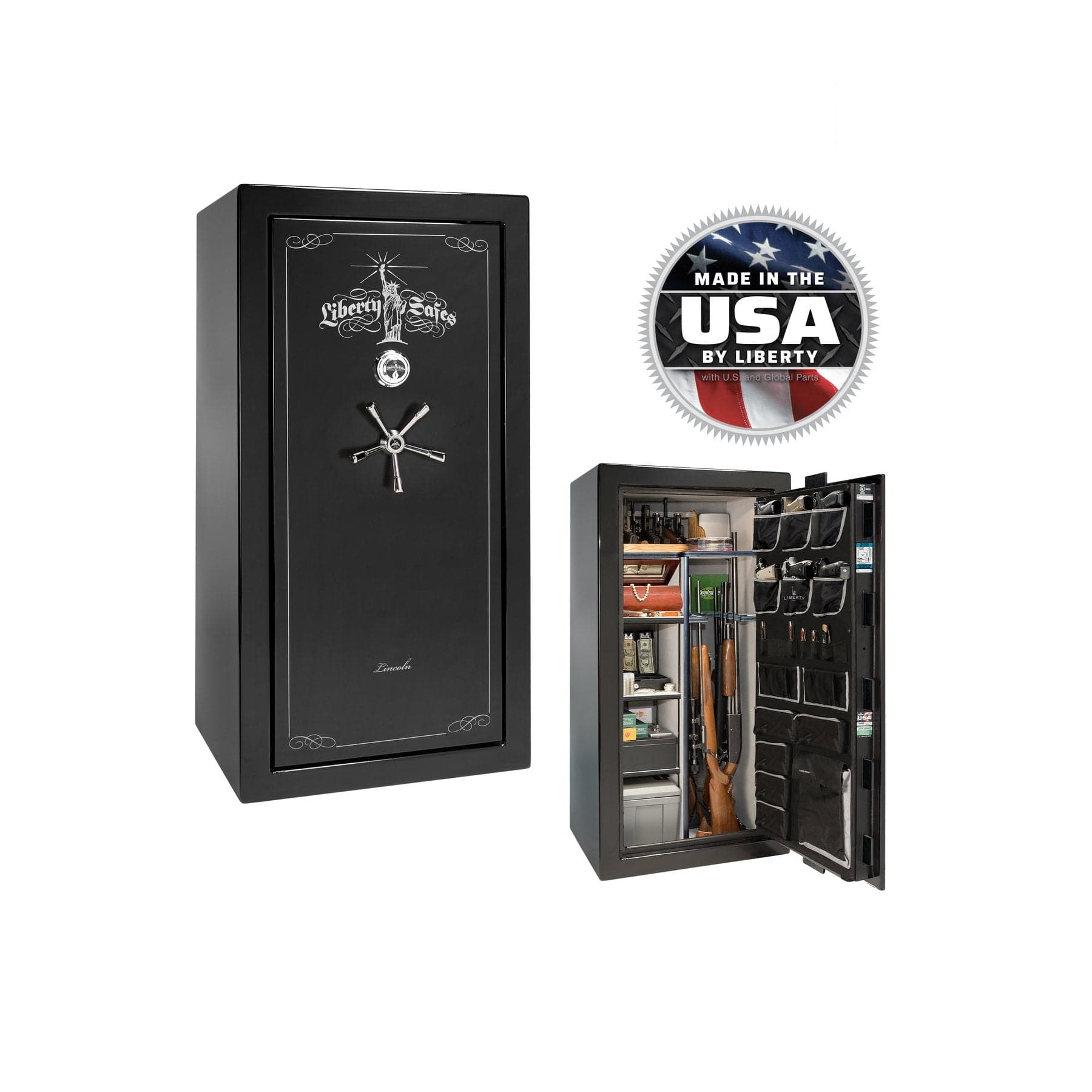 Liberty Lincoln 25 Gun Safe – Secure, Fire - Rated Protection - Gun Safe - Gloss Black / Chrome / Silver Velour