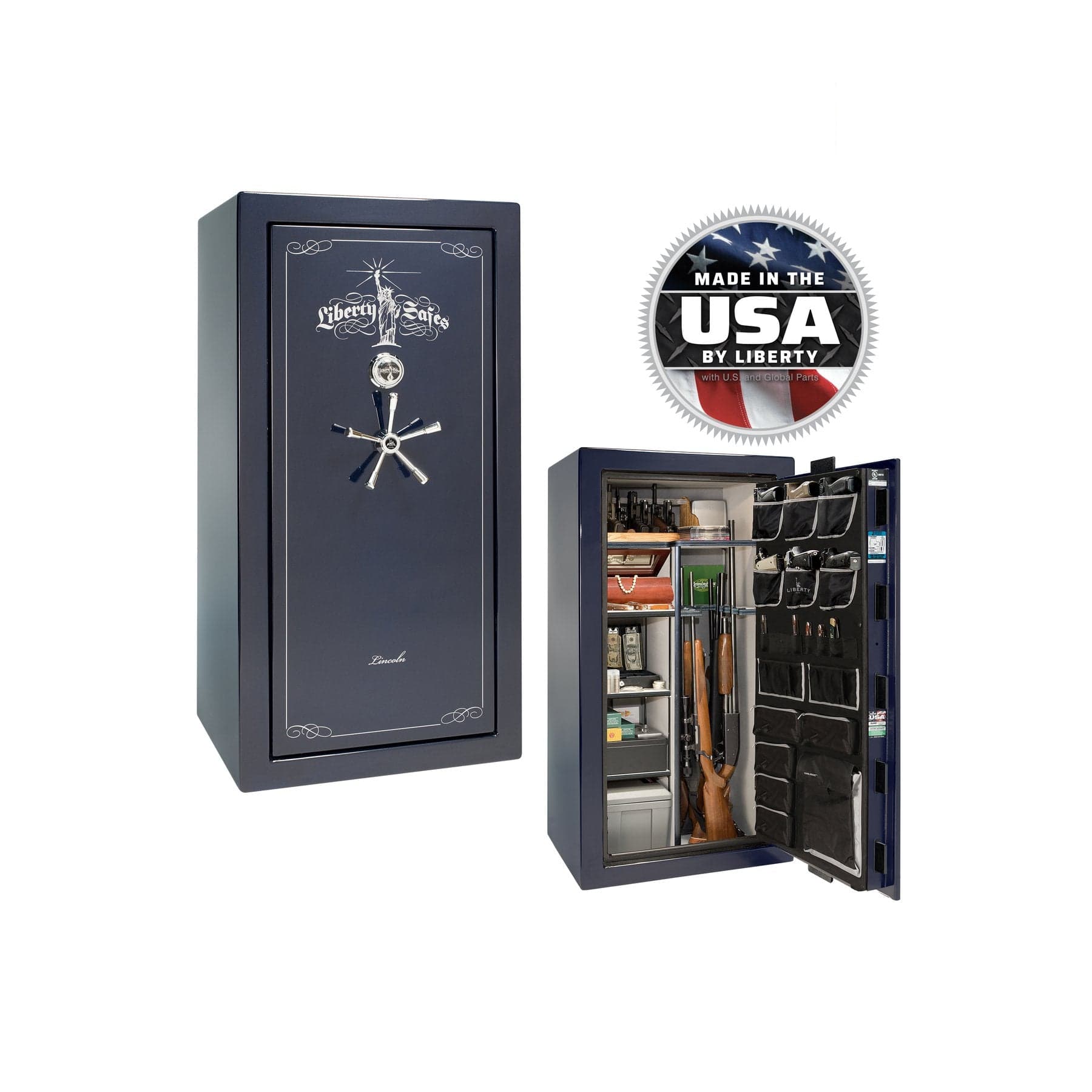 Liberty Lincoln 25 Gun Safe – Secure, Fire - Rated Protection - Gun Safe - Gloss Blue / Chrome / Silver Velour