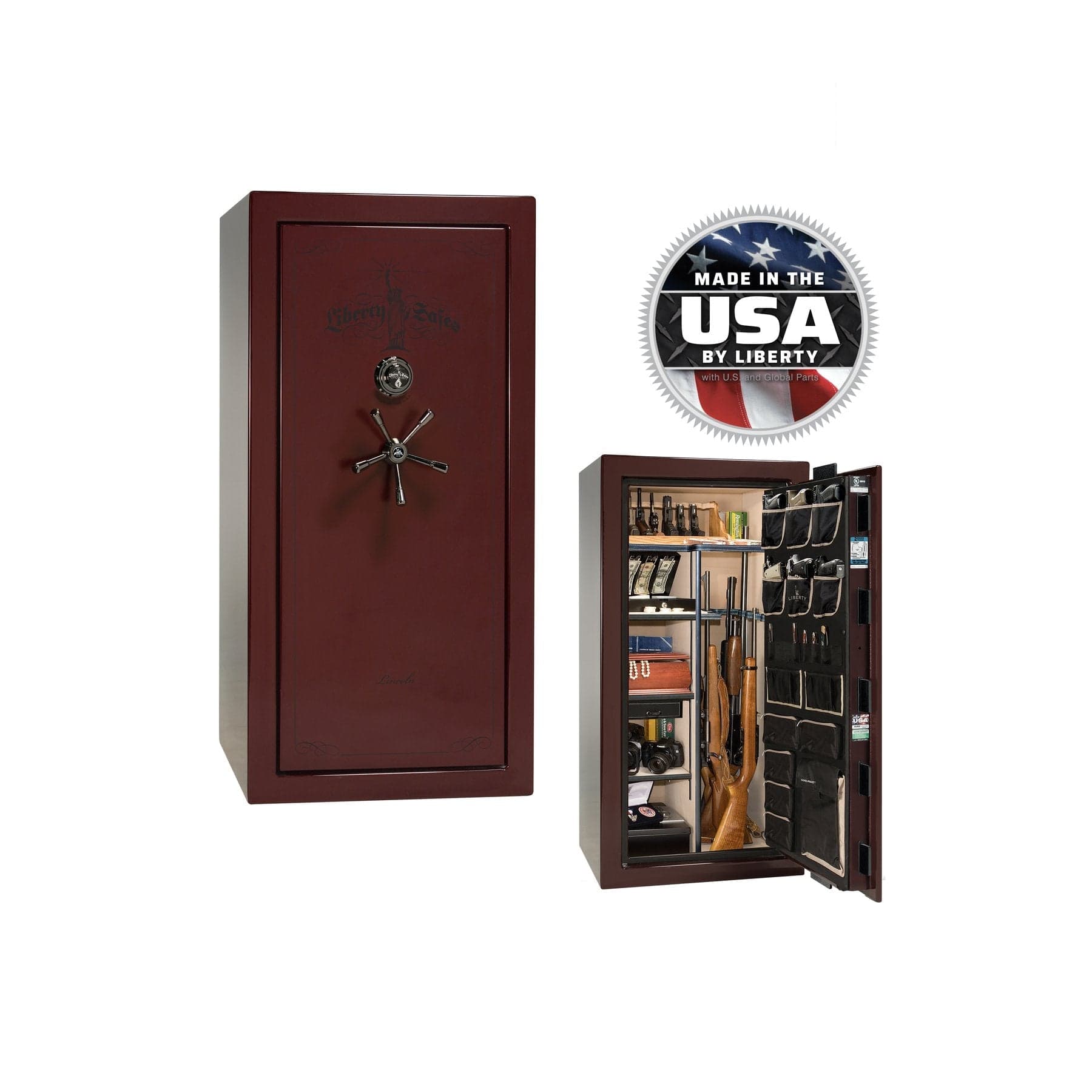 Liberty Lincoln 25 Gun Safe – Secure, Fire - Rated Protection - Gun Safe - Gloss Burgundy / Black Chrome / Beige Velour