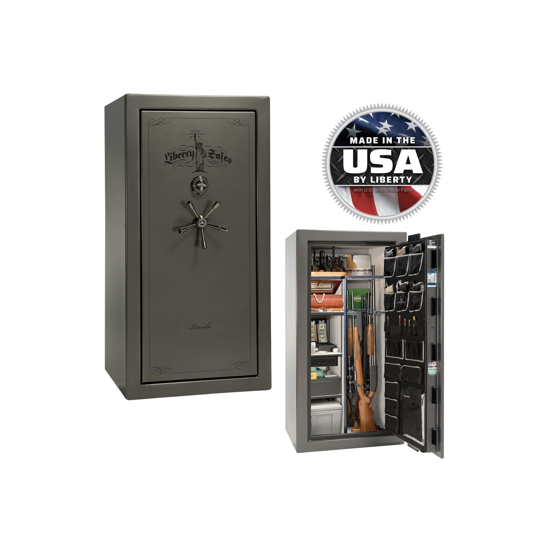 Liberty Lincoln 25 Gun Safe – Secure, Fire - Rated Protection - Gun Safe - Gloss Gray / Black Chrome / Silver Velour