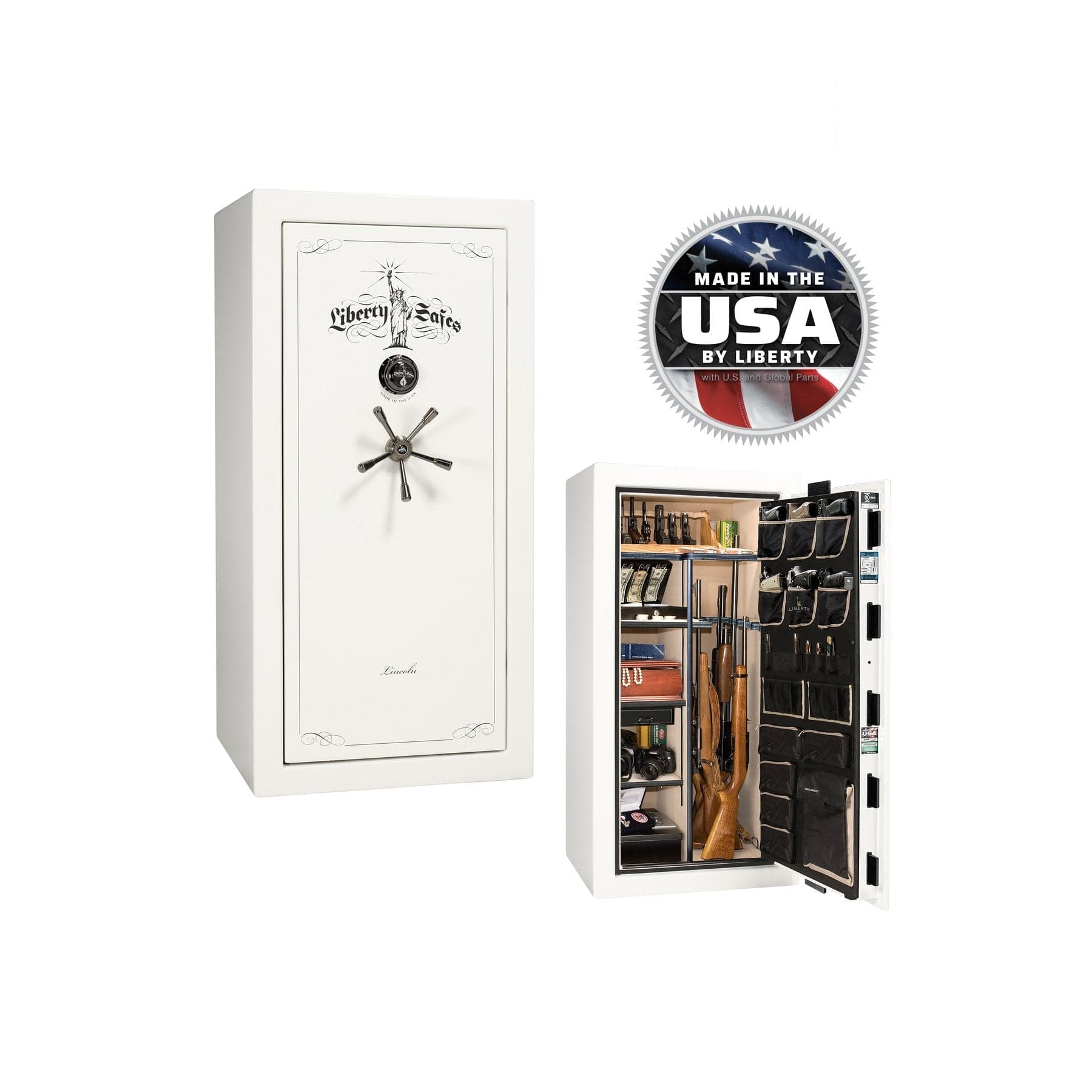 Liberty Lincoln 25 Gun Safe – Secure, Fire - Rated Protection - Gun Safe - Gloss White / Brass / Beige Velour