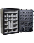 Open Liberty Collector safe textured black finish showing adjustable shelves – Heavy Metal Gun Safes New Braunfels Texas