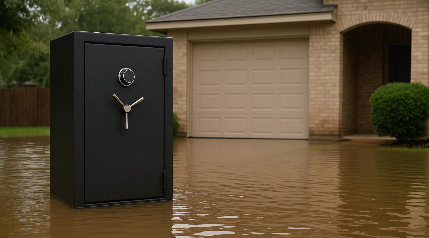 A black gun safe standing in floodwater on a suburban driveway in front of a beige brick home, with brown murky water partially submerging the pavement.
