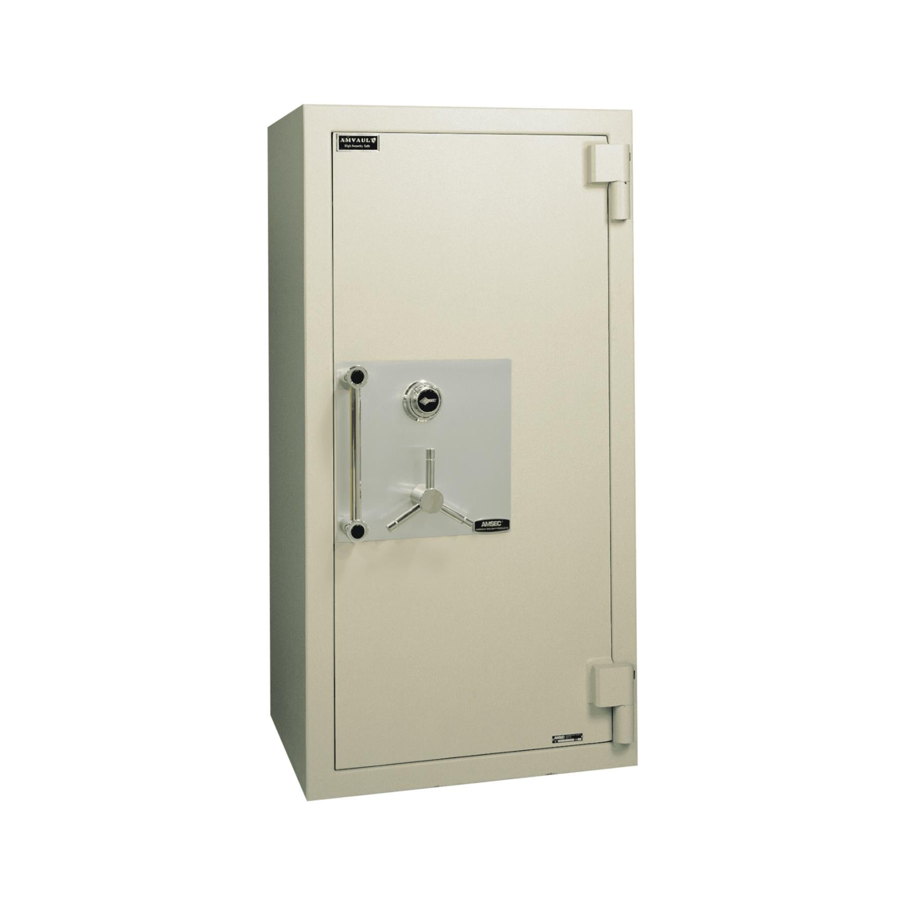 Beige safe with a silver door handle on a white background, featuring the Haven Safe & Vault Co. logo.