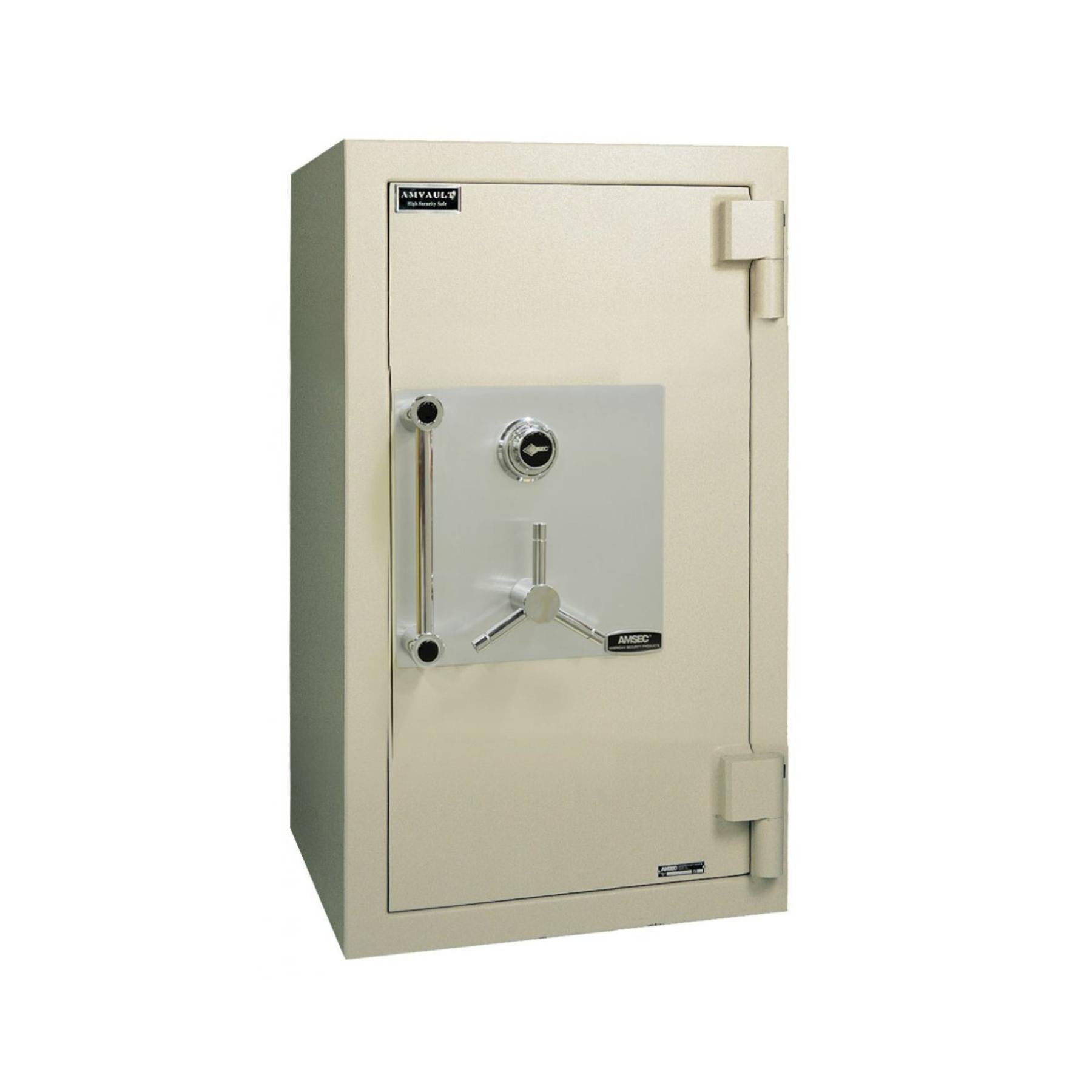 Beige safe with silver door handle on a white background, featuring Haven Safe & Vault Co. logo.