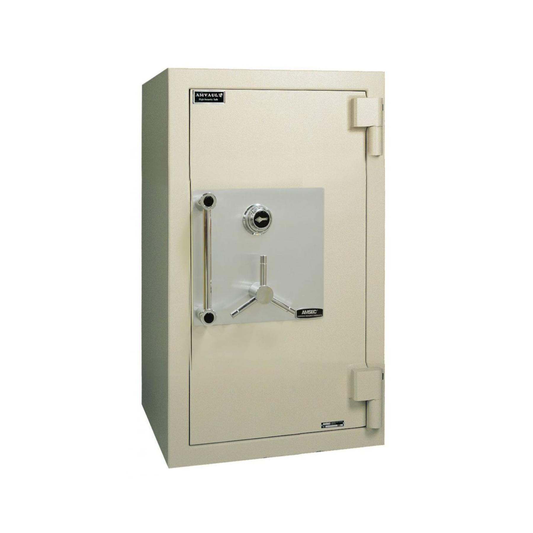 Beige safe with silver door handle on a white background, featuring Haven Safe & Vault Co. logo.