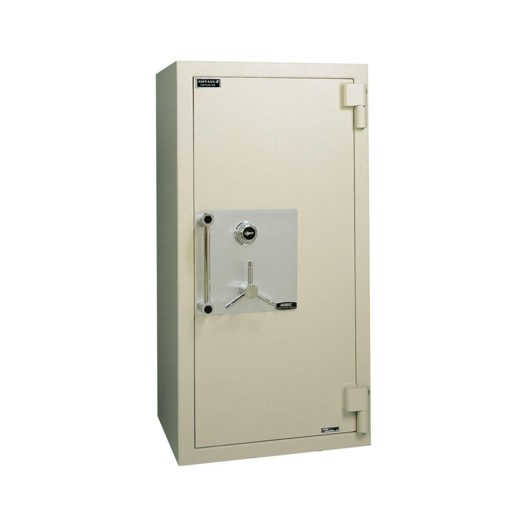 Beige safe with a silver door handle on a white background, featuring the Haven Safe & Vault Co. logo.