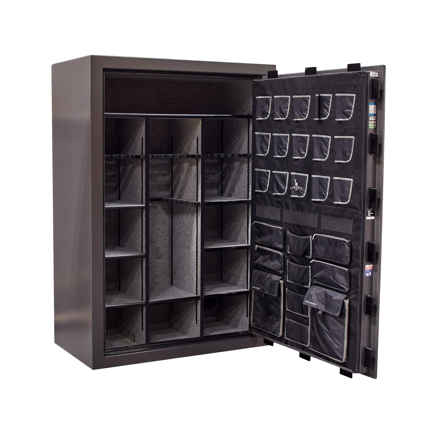 Open Liberty Collector gun safe gray marble open door showing compartments and shelves.– Heavy Metal Gun Safes New Braunfels Texas 