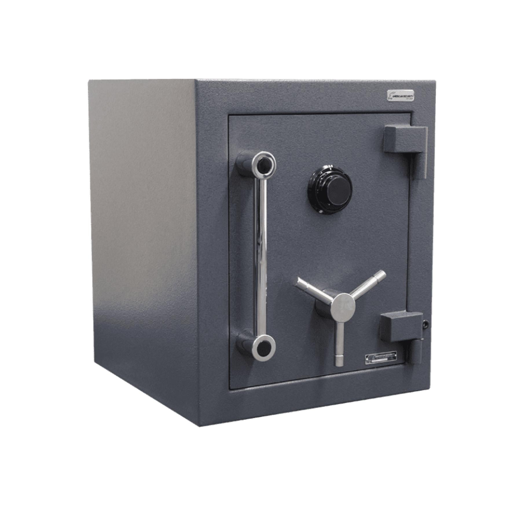 Gray safe with lock mechanism on a white background, featuring the Haven Safe & Vault Co. logo.
