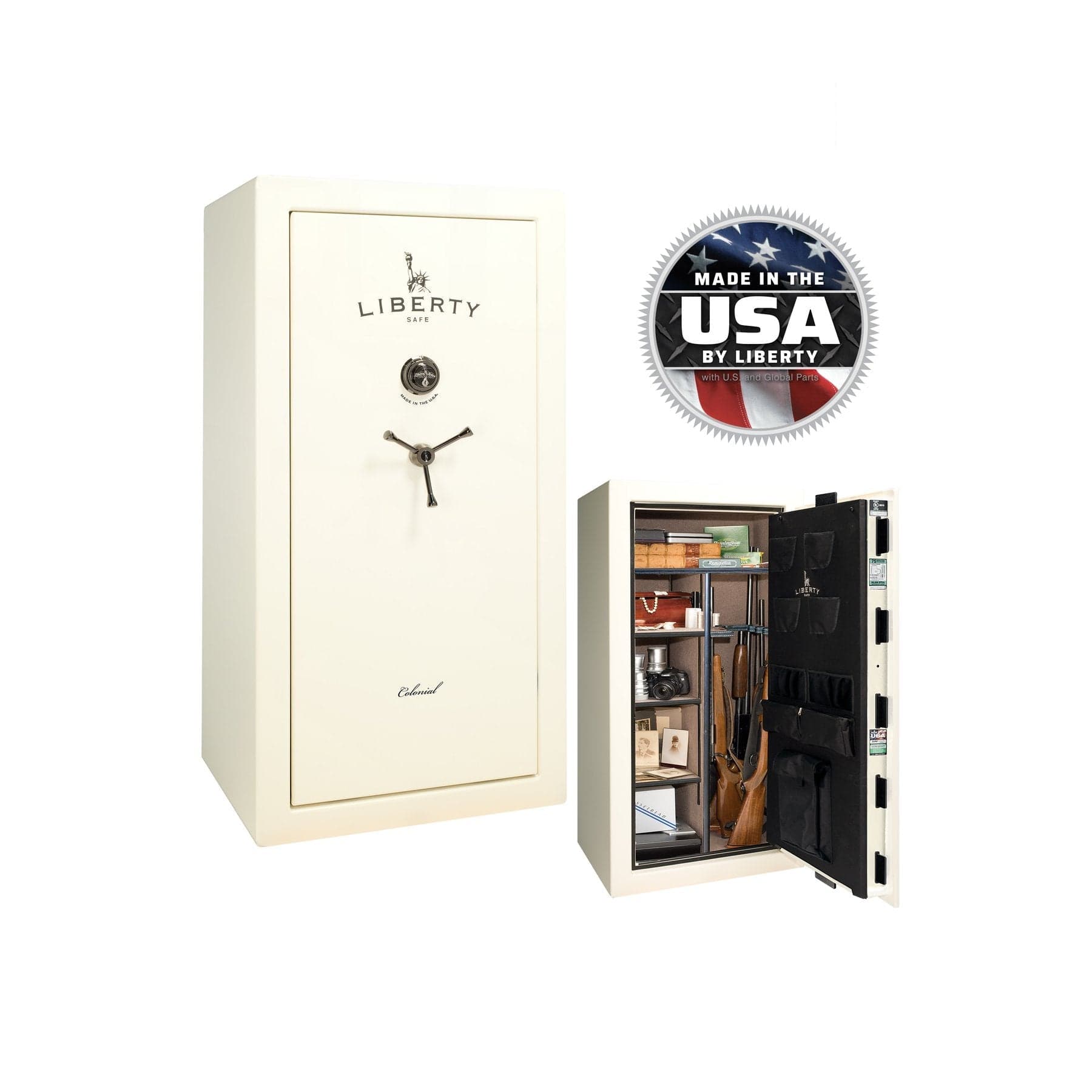 Liberty Colonial 23 Gun Safe – Secure and Stylish Firearm Storage - Gun Safe - Gloss White / Black Chrome / Camel Fabric