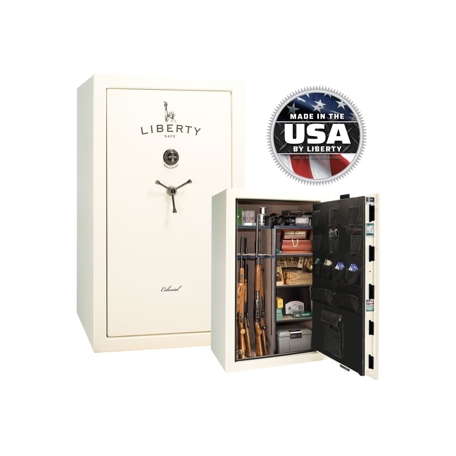 Liberty Colonial 30 Gun Safe – Secure and Spacious Firearm Storage - Gun Safe - Gloss White / Black Chrome / Camel Fabric