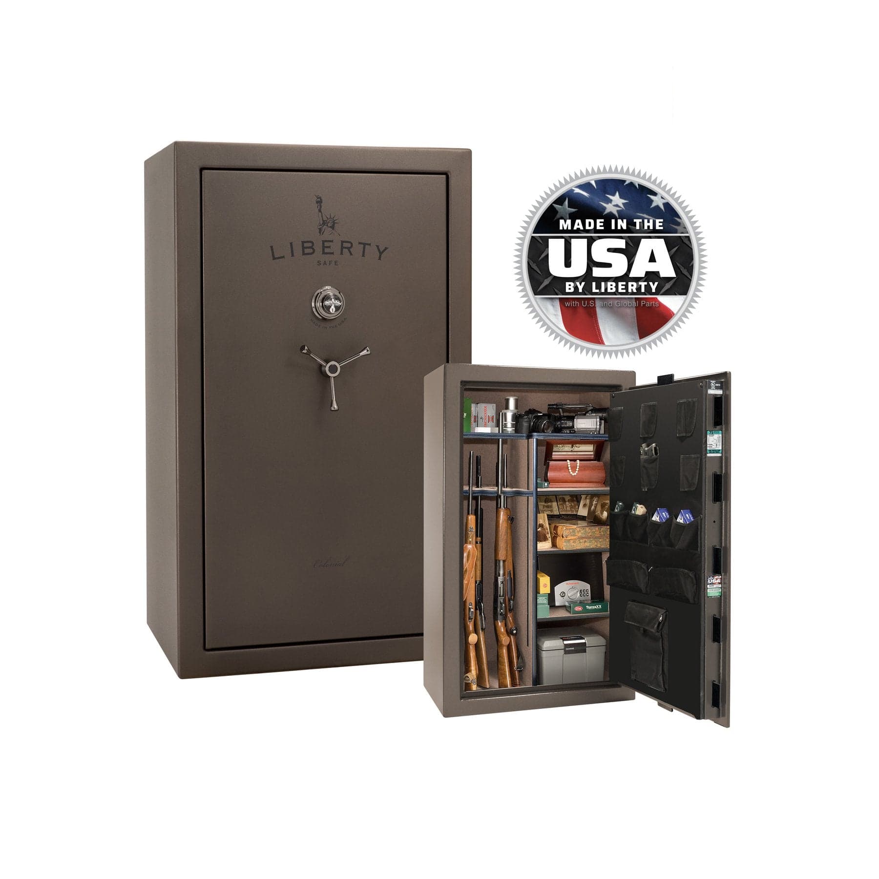 Liberty Colonial 30 Gun Safe – Secure and Spacious Firearm Storage - Gun Safe - Textured Bronze / Black Chrome / Camel Fabric