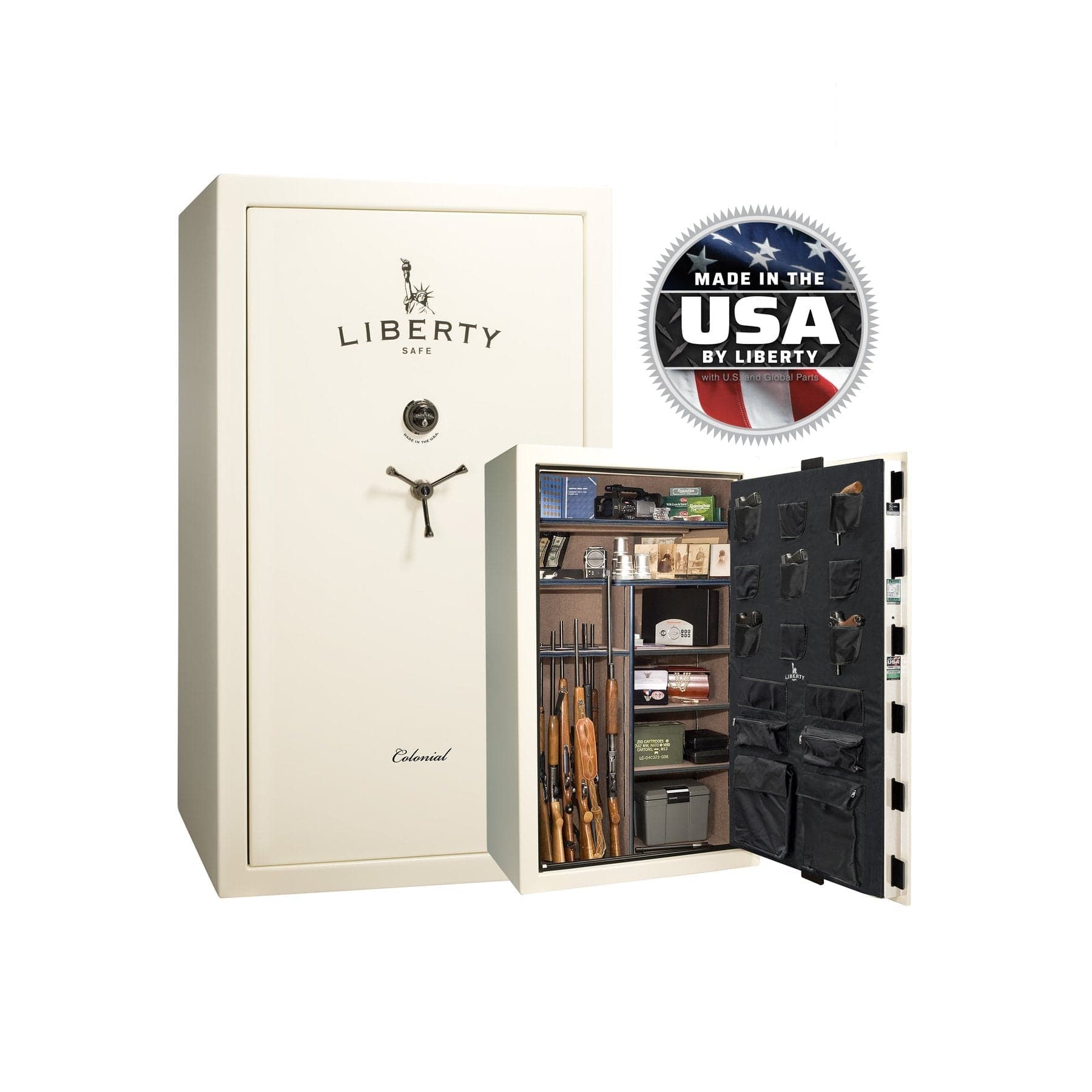 Liberty Colonial 50 Gun Safe – Ultimate Firearm Security and Storage - Gun Safe - Gloss White / Black Chrome / Camel Fabric