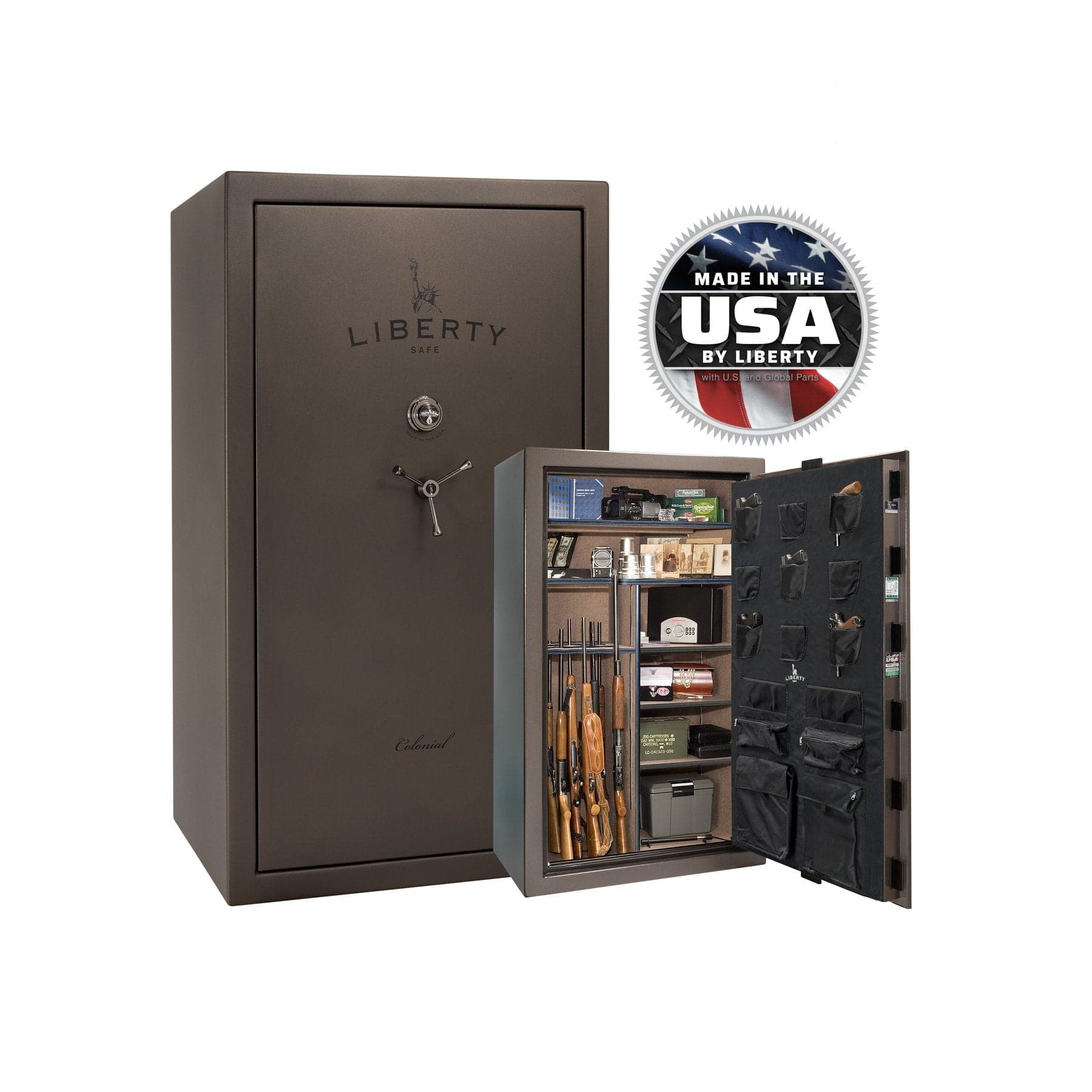 Liberty Colonial 50 Gun Safe – Ultimate Firearm Security and Storage - Gun Safe - Textured Bronze / Black Chrome / Camel Fabric