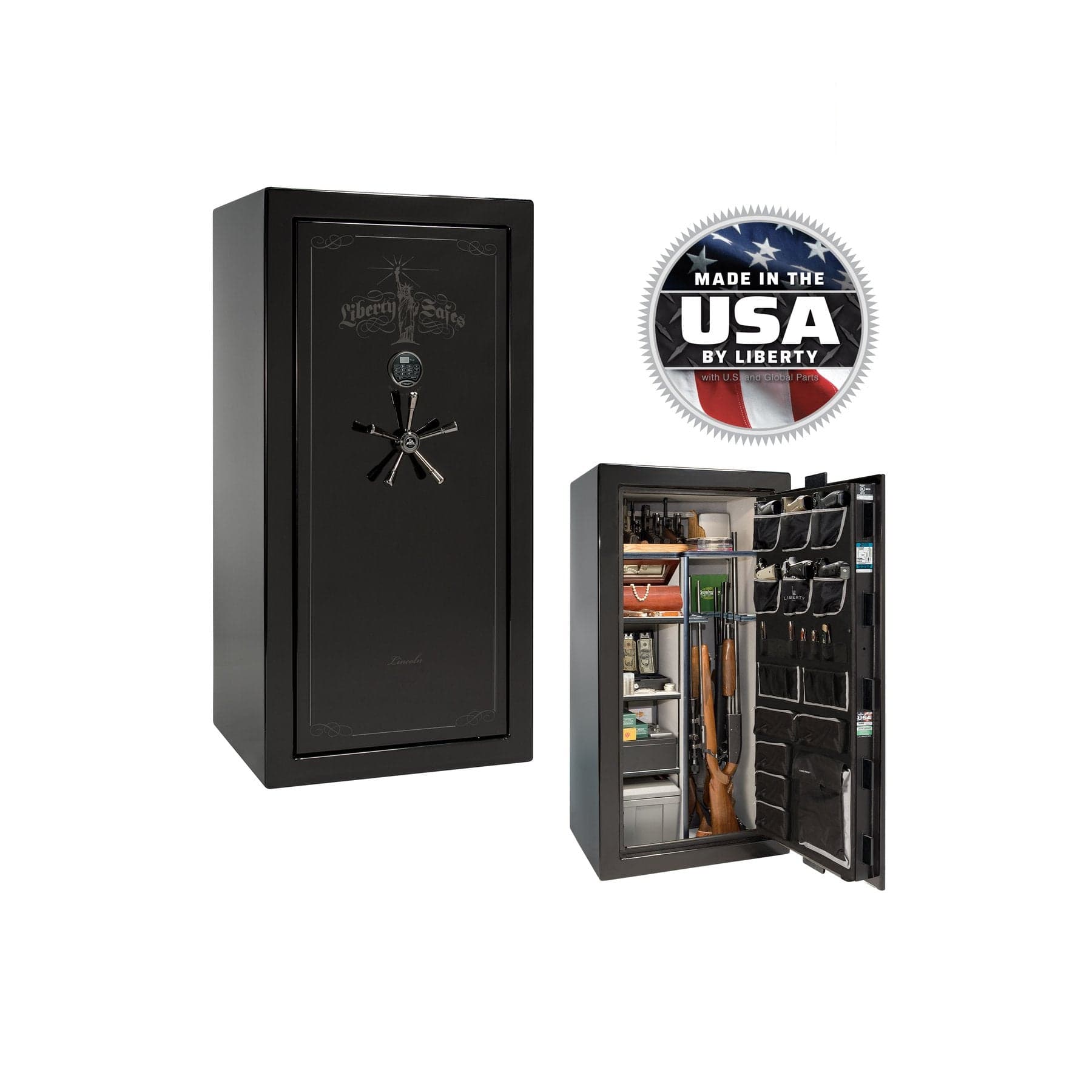 Liberty Lincoln 25 Gun Safe – Secure, Fire - Rated Protection - Gun Safe - Gloss Black Cherry / Black Chrome / Silver Velour