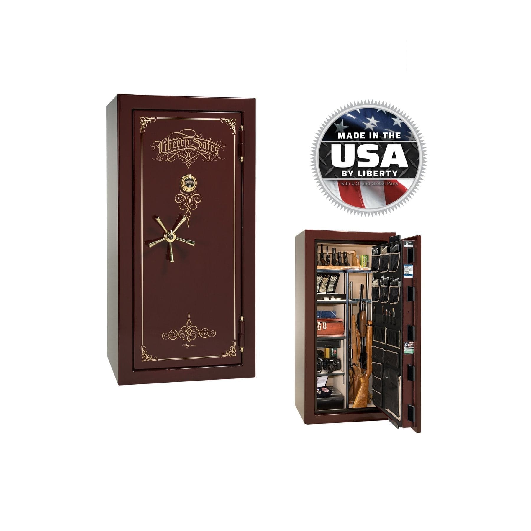 Liberty Magnum 25 Gun Safe – Ultimate Fire & Theft Protection - Gun Safe - Gloss Burgundy / Brass / Beige Velour