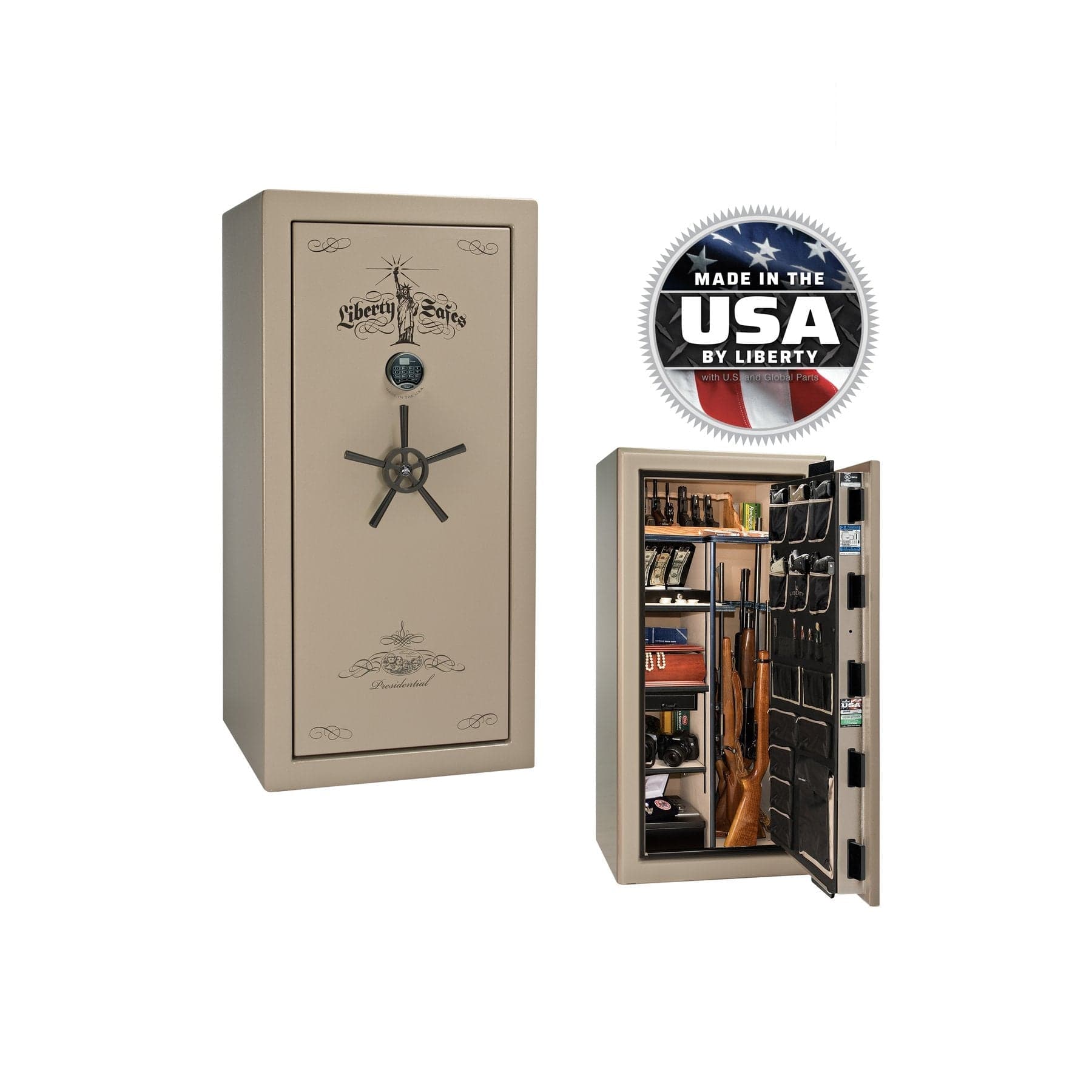 Liberty Presidential 25 Gun Safe – Elite Firearm Security and Storage - Gun Safe - Gloss White / Brass / Beige Velour