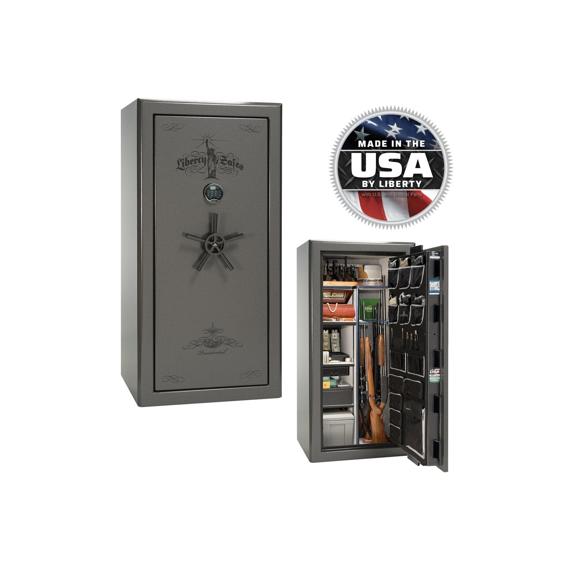 Liberty Presidential 25 Gun Safe – Elite Firearm Security and Storage - Gun Safe - Gloss Gray / Black Chrome / Silver Velour