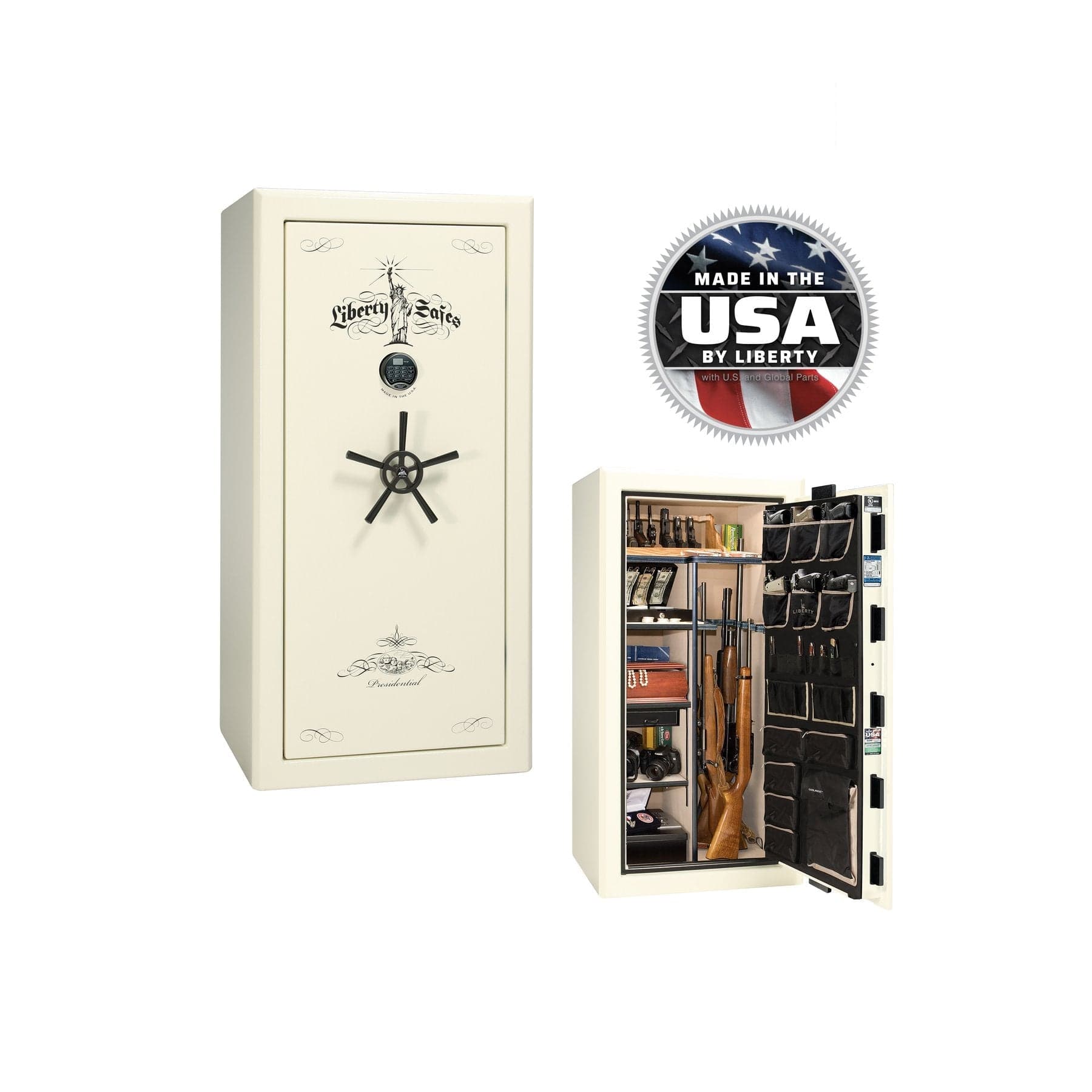 Liberty Presidential 25 Gun Safe – Elite Firearm Security and Storage - Gun Safe - Gloss White / Brass / Beige Velour