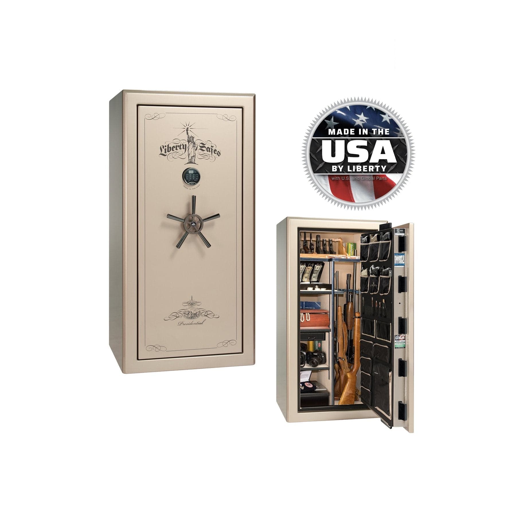 Liberty Presidential 25 Gun Safe – Elite Firearm Security and Storage - Gun Safe - Marble Burgundy / Brass / Beige Velour