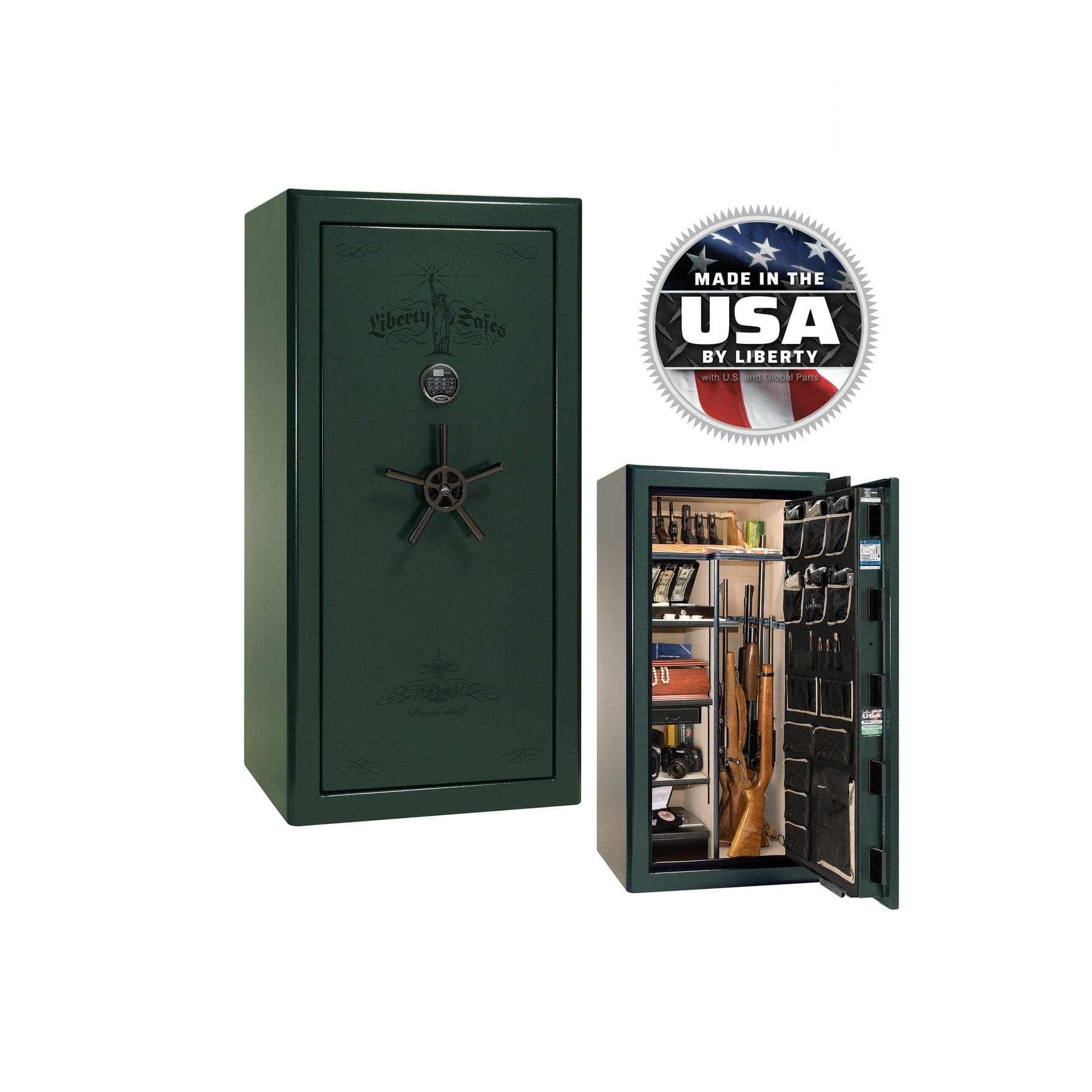 Liberty Presidential 25 Gun Safe – Elite Firearm Security and Storage - Gun Safe - Gloss Green / Brass / Beige Velour