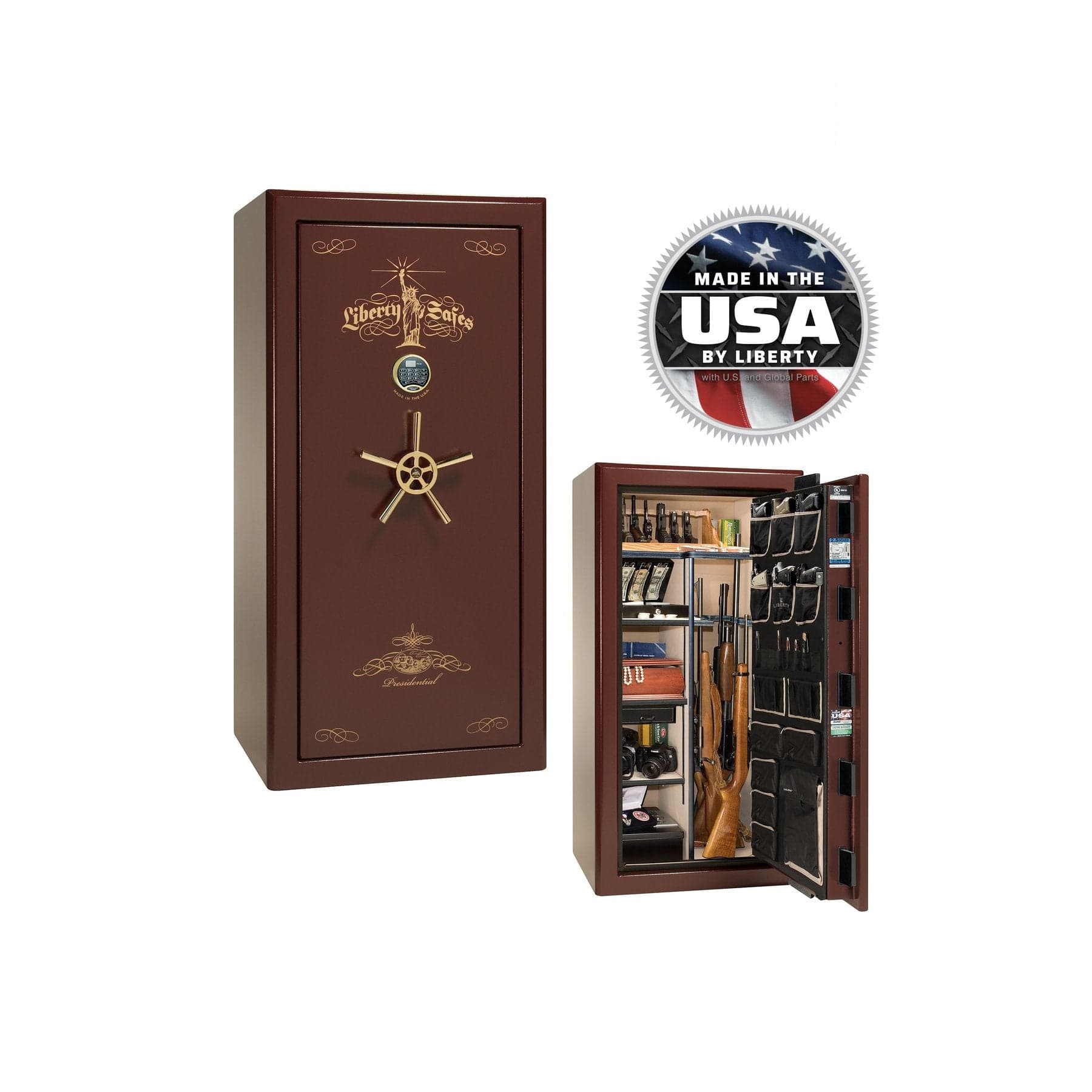 Liberty Presidential 25 Gun Safe – Elite Firearm Security and Storage - Gun Safe - Gloss Burgundy / Brass / Beige Velour