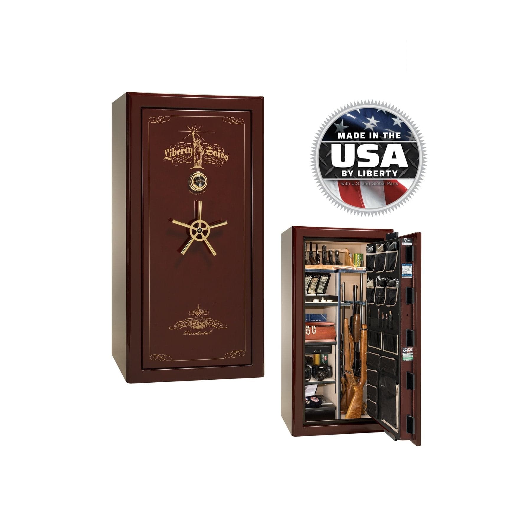 Liberty Presidential 25 Gun Safe – Elite Firearm Security and Storage - Gun Safe - Gloss Burgundy / Brass / Beige Velour