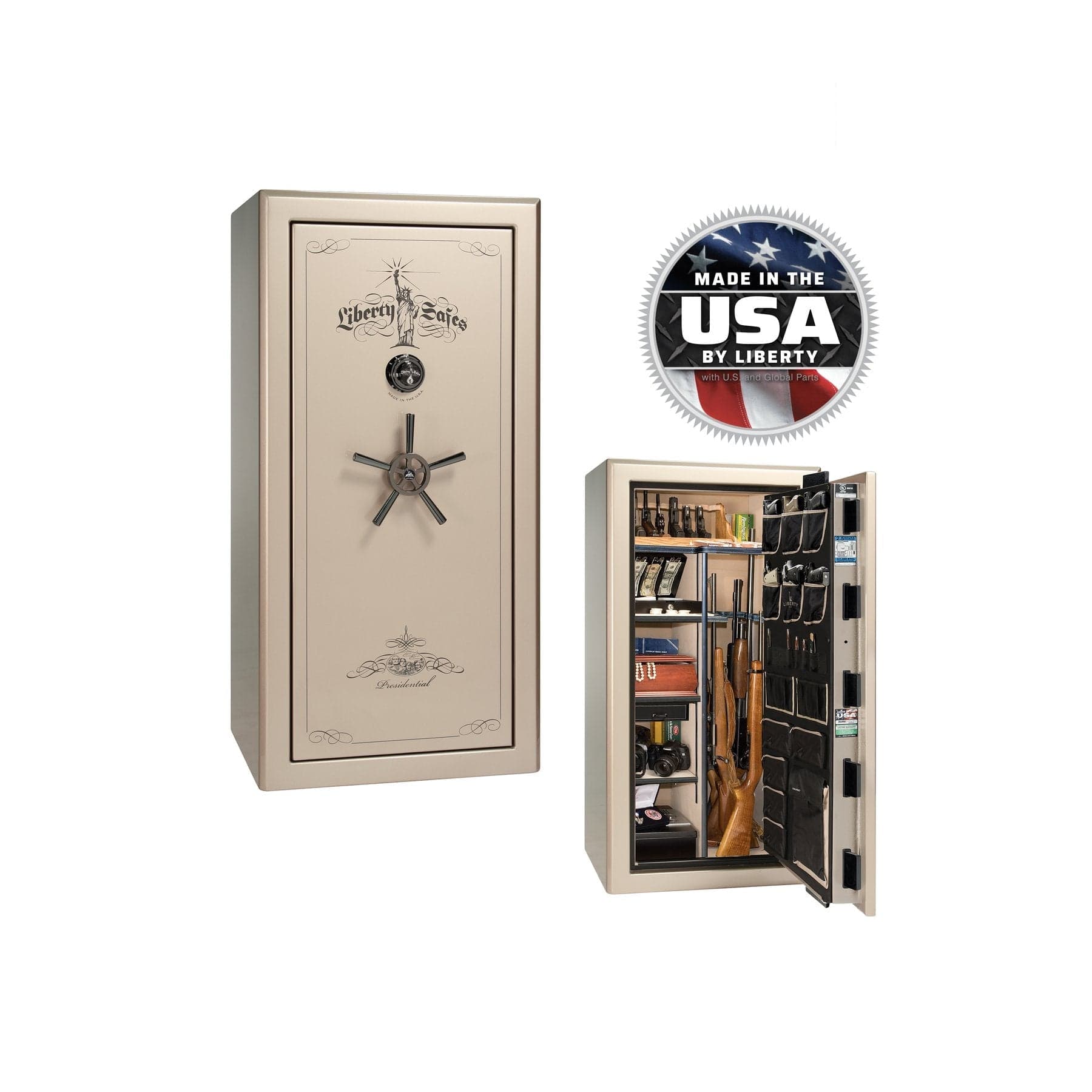 Liberty Presidential 25 Gun Safe – Elite Firearm Security and Storage - Gun Safe - Gloss Champagne / Black Chrome / Beige Velour
