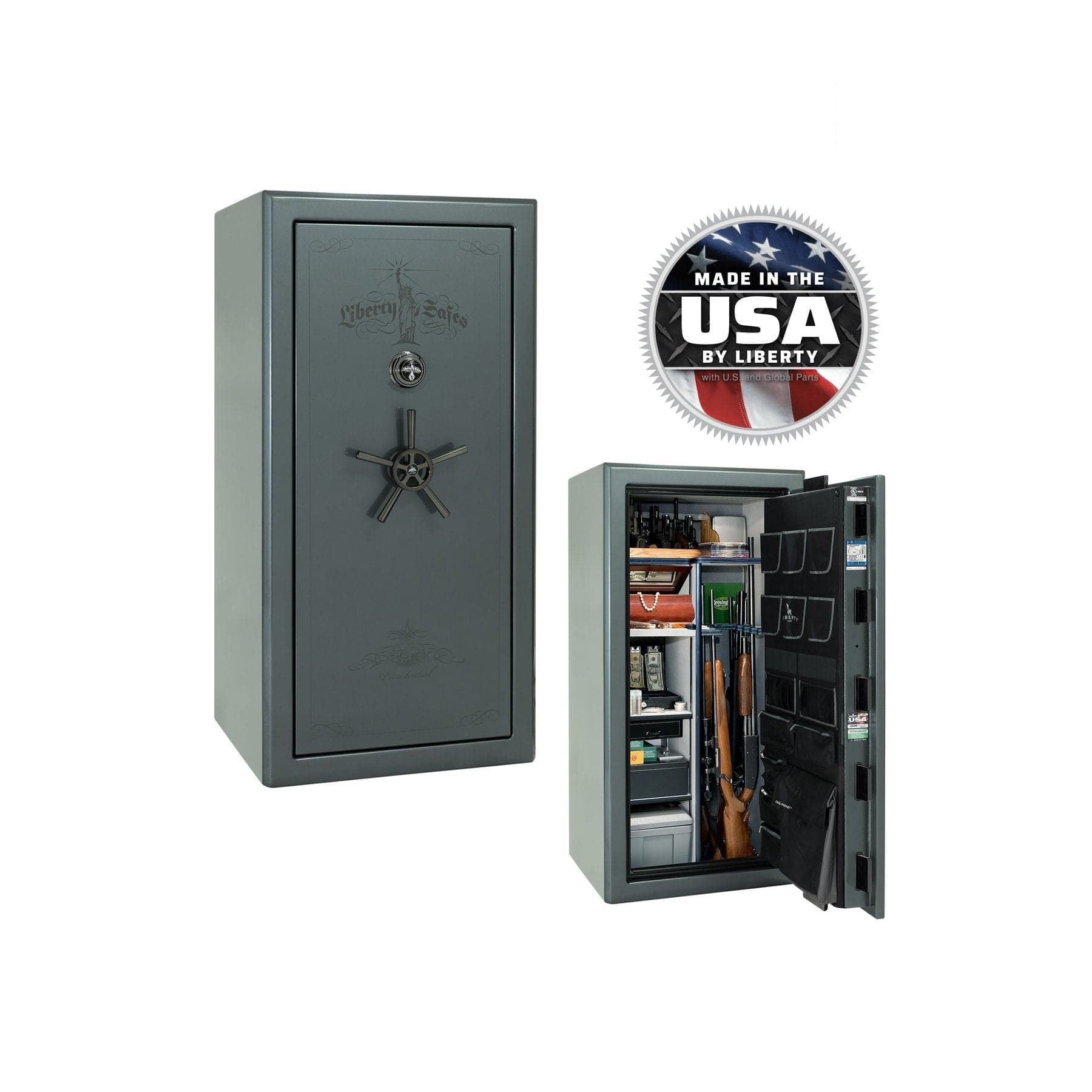 Liberty Presidential 25 Gun Safe – Elite Firearm Security and Storage - Gun Safe - Gloss Forest Mist / Black Chrome / Silver Velour