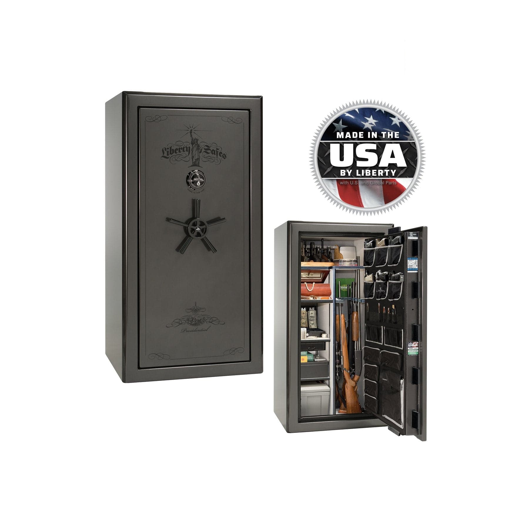 Liberty Presidential 25 Gun Safe – Elite Firearm Security and Storage - Gun Safe - Gloss Gray / Black Chrome / Silver Velour