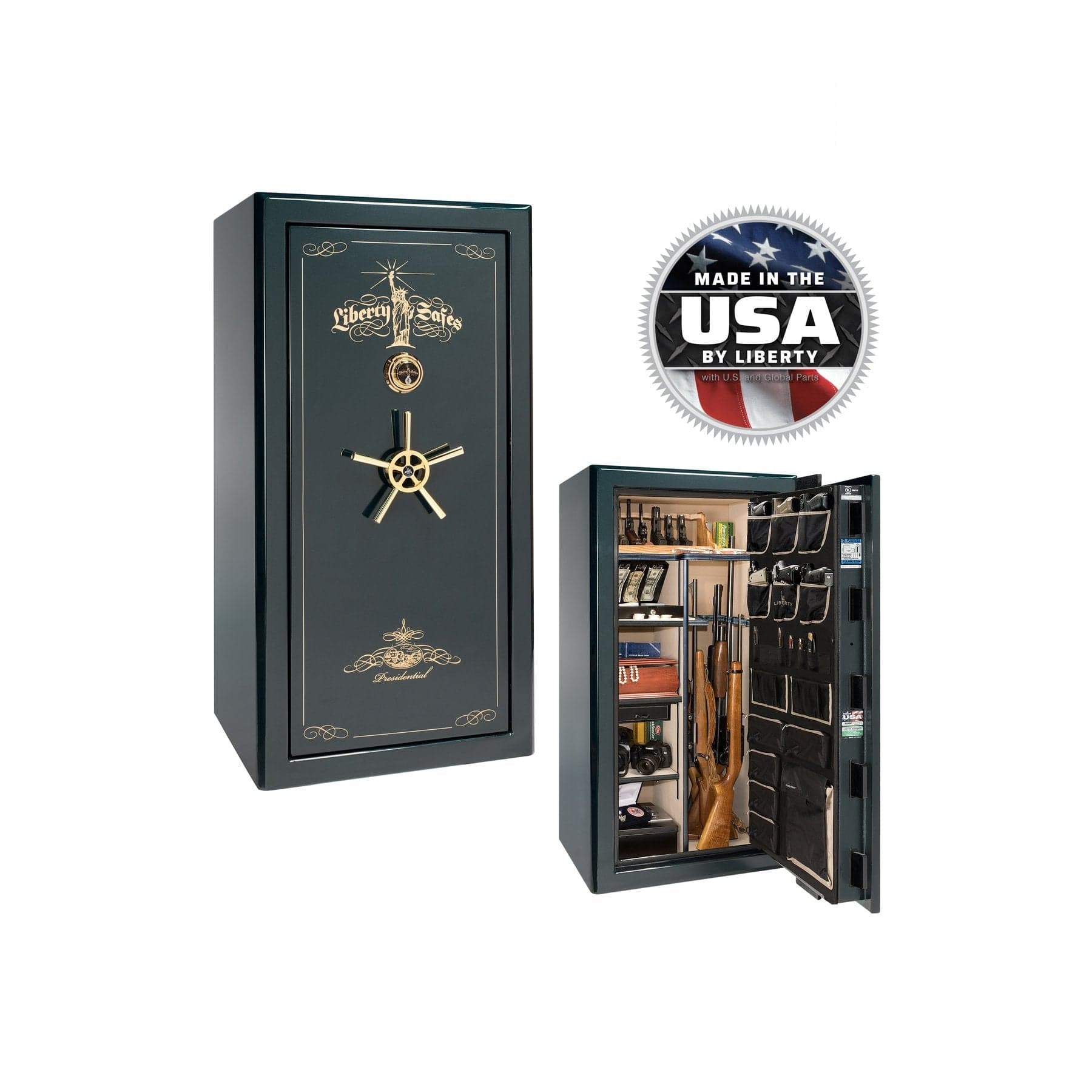 Liberty Presidential 25 Gun Safe – Elite Firearm Security and Storage - Gun Safe - Gloss Green / Brass / Beige Velour