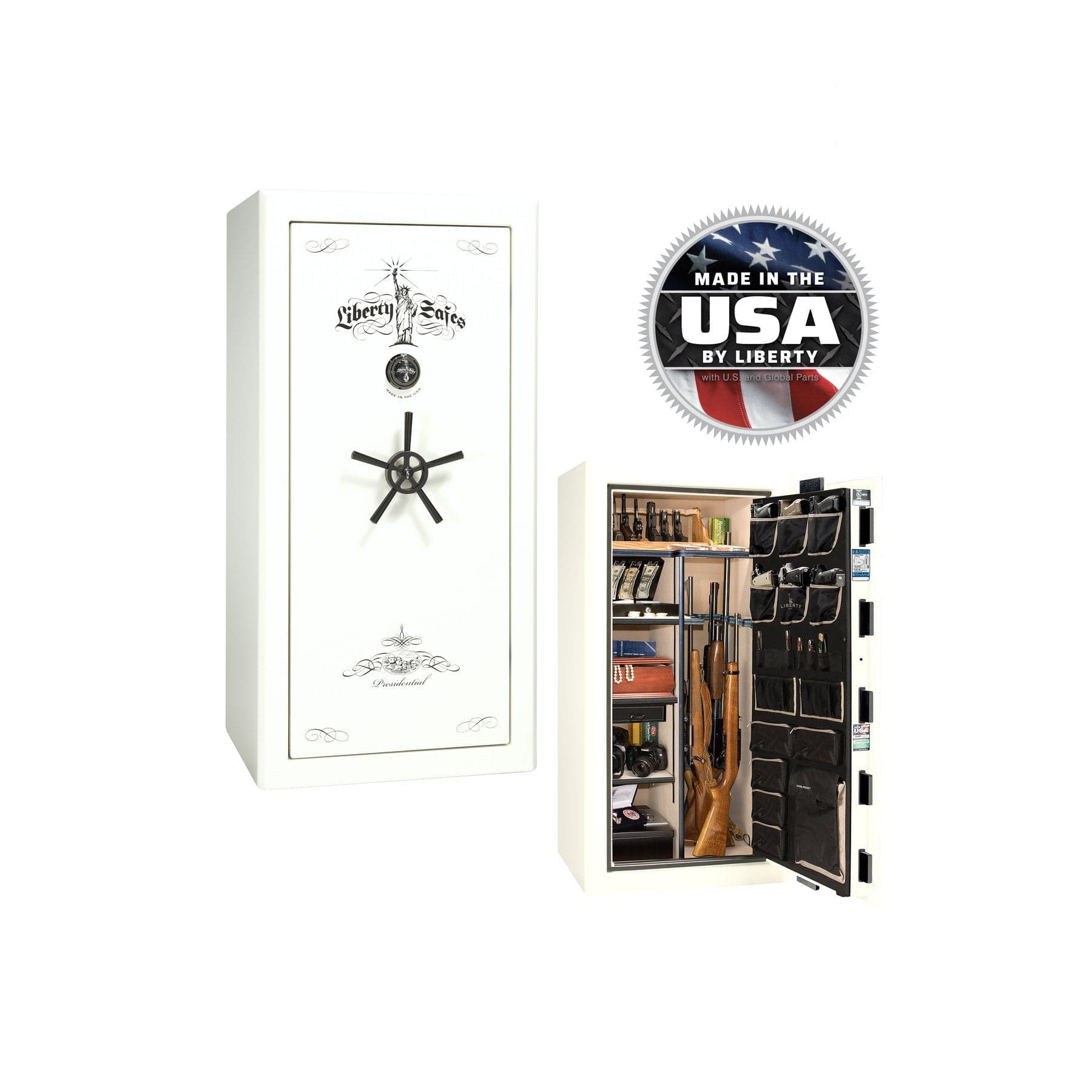 Liberty Presidential 25 Gun Safe – Elite Firearm Security and Storage - Gun Safe - Gloss White / Brass / Beige Velour