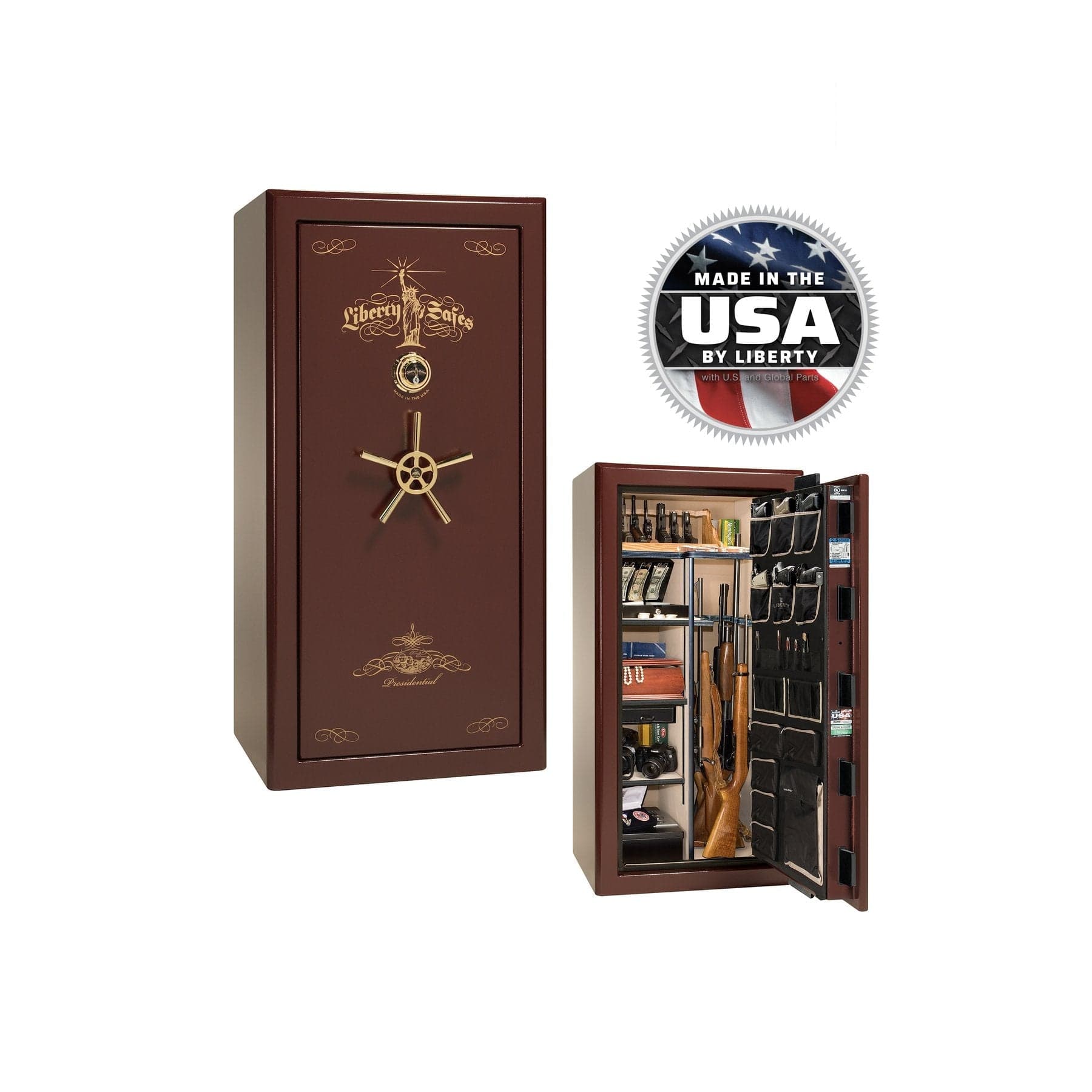 Liberty Presidential 25 Gun Safe – Elite Firearm Security and Storage - Gun Safe - Marble Burgundy / Brass / Beige Velour