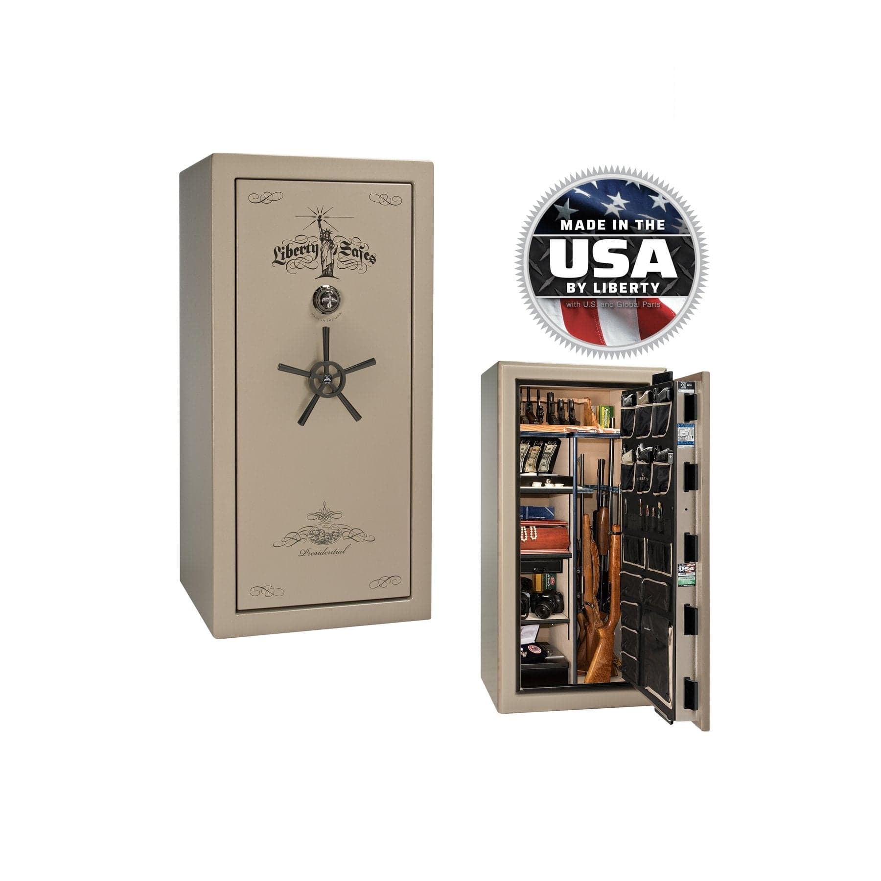 Liberty Presidential 25 Gun Safe – Elite Firearm Security and Storage - Gun Safe - Marble Champagne / Black Chrome / Beige Velour