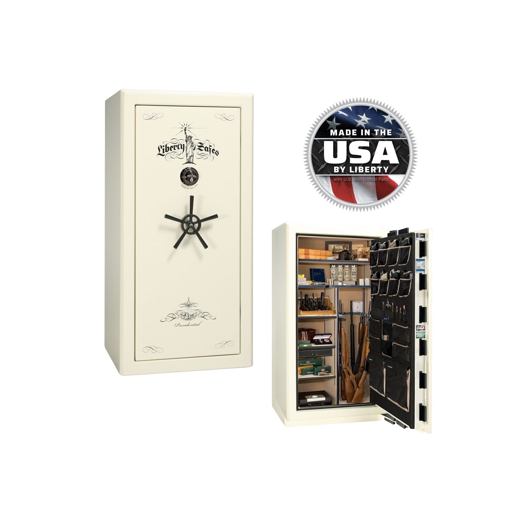Liberty Presidential 25 Gun Safe – Elite Firearm Security and Storage - Gun Safe - Marble White / Black Chrome / Beige Velour