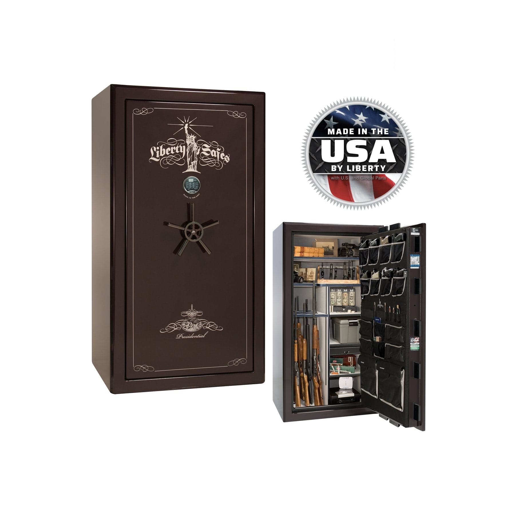 Liberty Presidential 40 Gun Safe – Elite Firearm Security and Storage - Gun Safe - Gloss White / Brass / Beige Velour