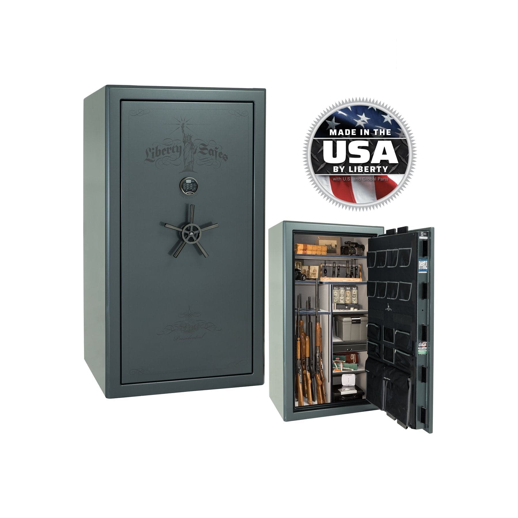 Liberty Presidential 40 Gun Safe – Elite Firearm Security and Storage - Gun Safe - Gloss Forest Mist / Black Chrome / Silver Velour
