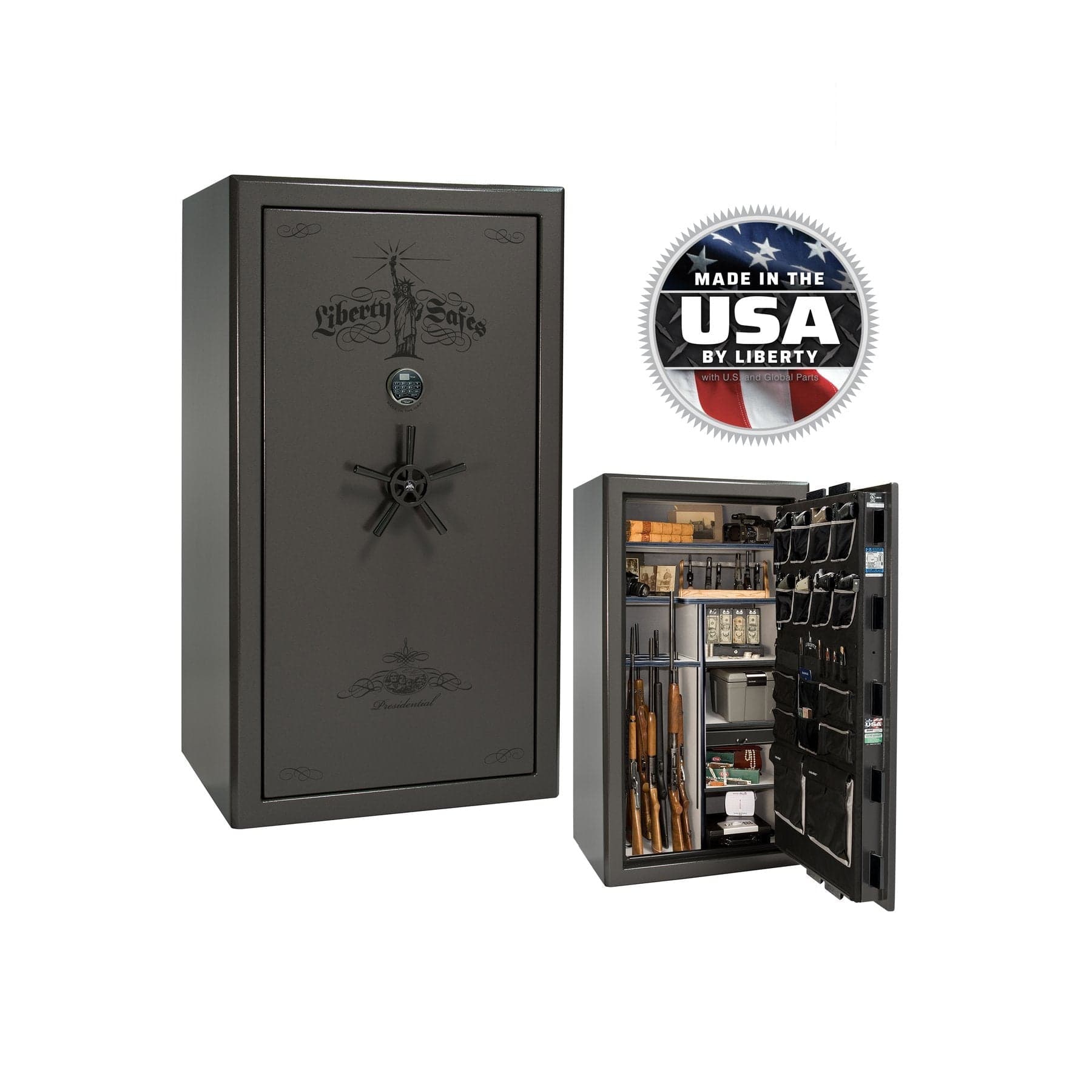 Liberty Presidential 40 Gun Safe – Elite Firearm Security and Storage - Gun Safe - Gloss Gray / Black Chrome / Silver Velour