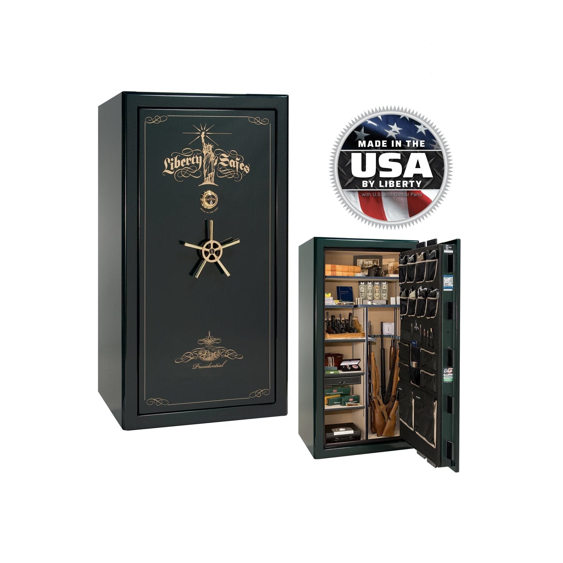 Liberty Presidential 40 Gun Safe – Elite Firearm Security and Storage - Gun Safe - Gloss Green / Brass / Beige Velour