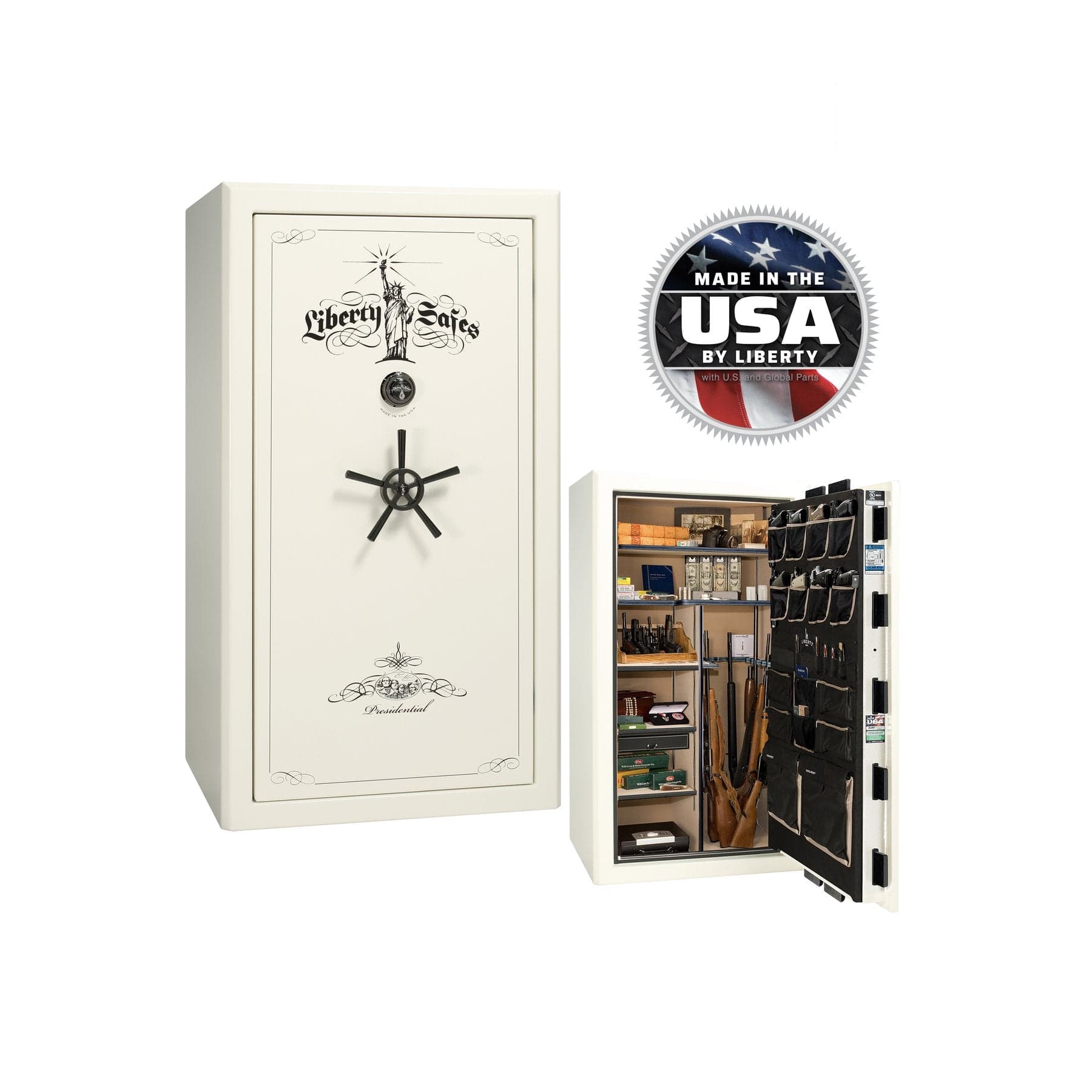 Liberty Presidential 40 Gun Safe – Elite Firearm Security and Storage - Gun Safe - Gloss White / Brass / Beige Velour