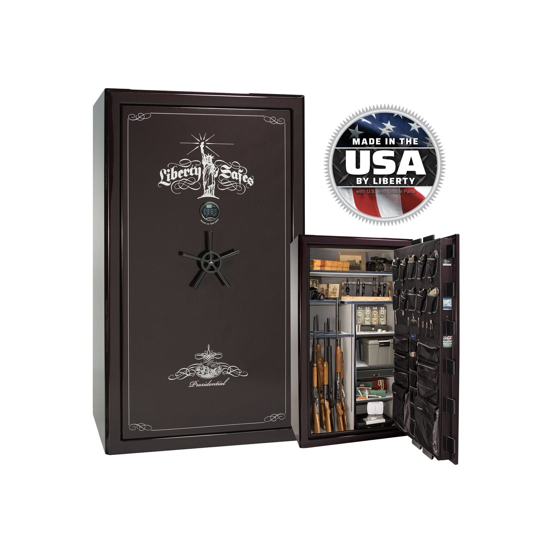Liberty Presidential 50 Gun Safe - Maximum Security and Fire Protection - Gun Safe - Gloss Black Cherry / Black Chrome / Silver Velour
