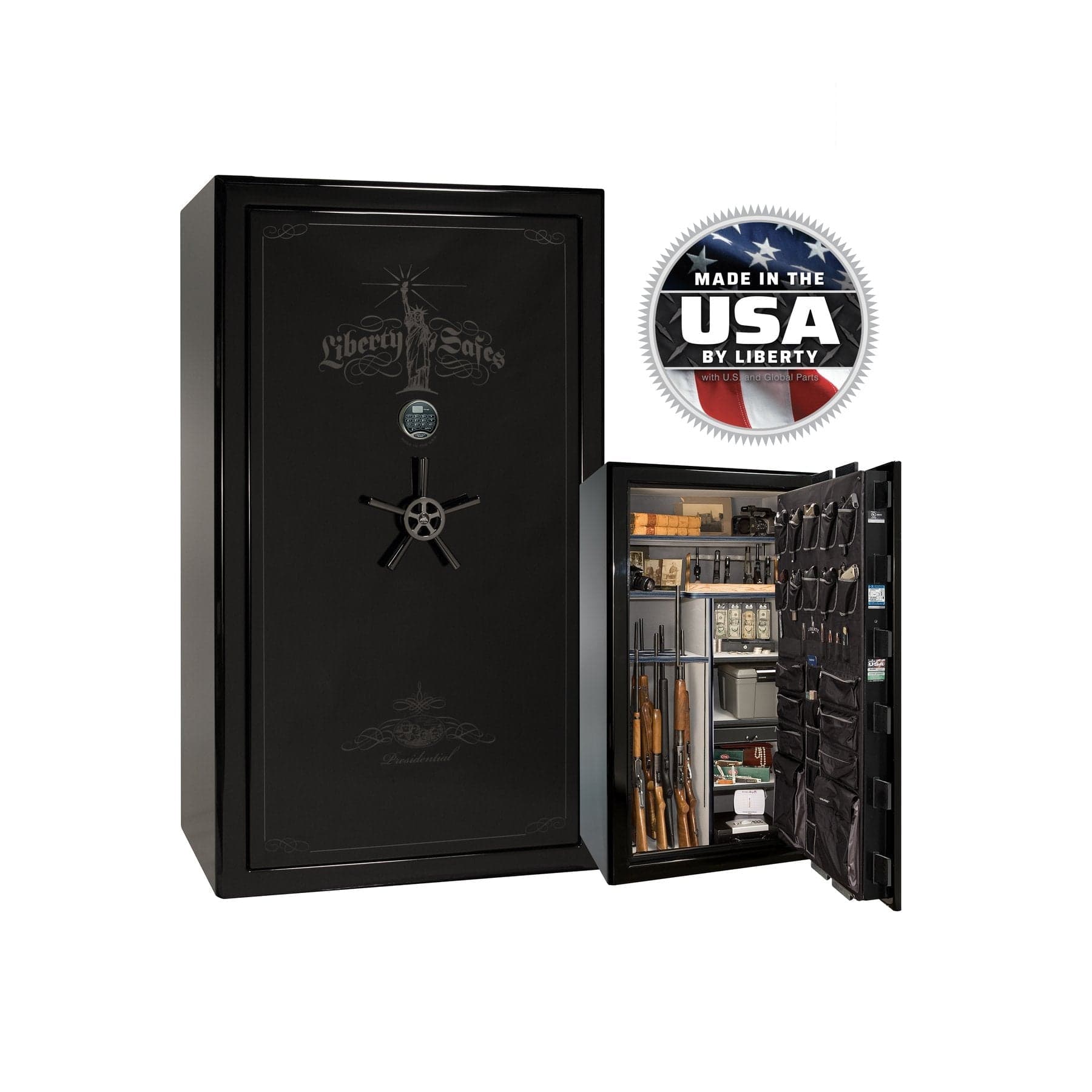 Liberty Presidential 50 Gun Safe - Maximum Security and Fire Protection - Gun Safe - Gloss Black / Black Chrome / Silver Velour