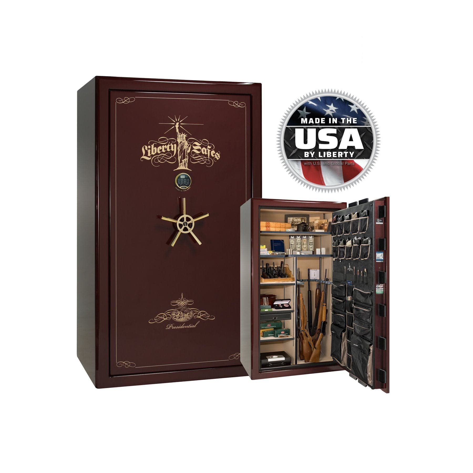 Liberty Presidential 50 Gun Safe - Maximum Security and Fire Protection - Gun Safe - Gloss Burgundy / Brass / Beige Velour