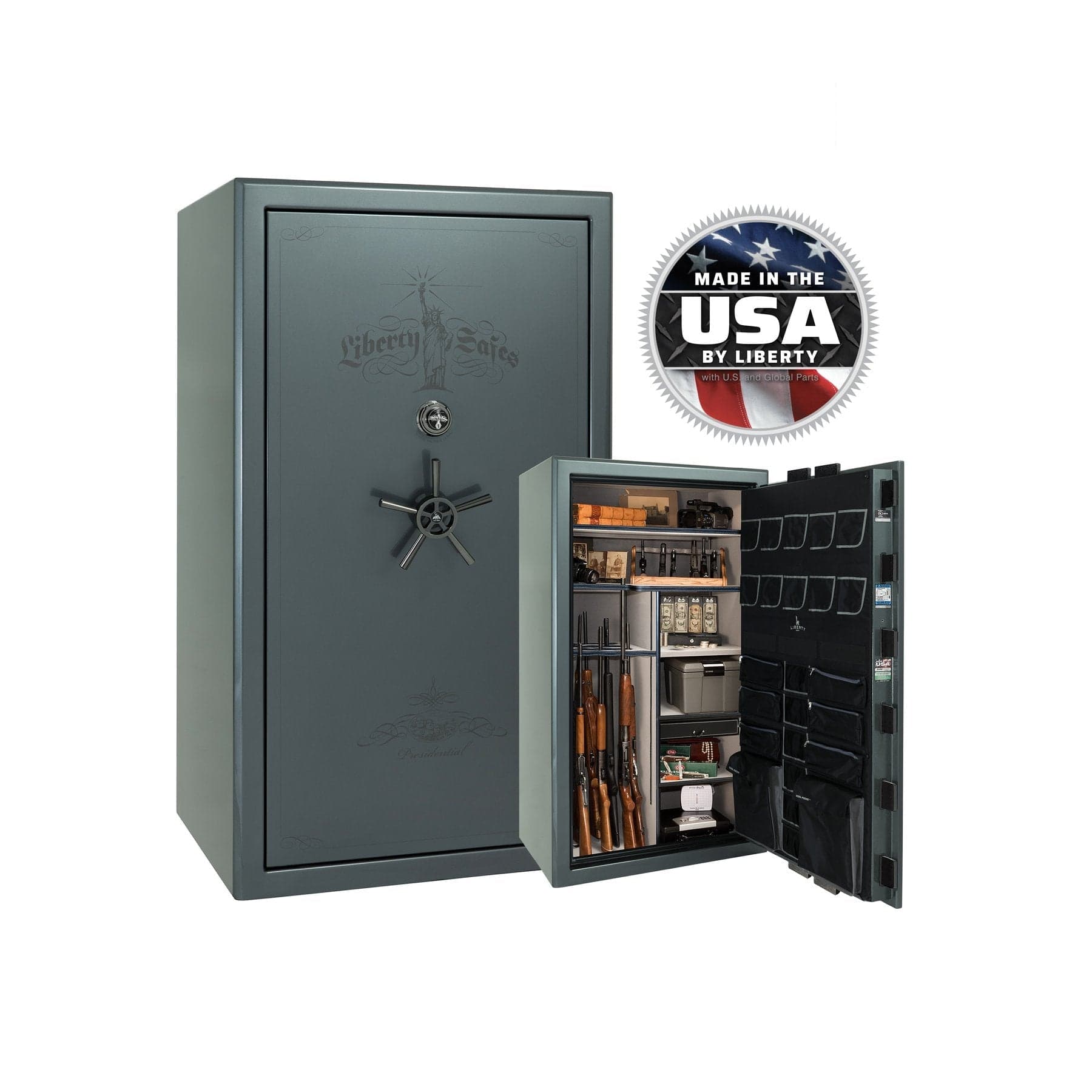Liberty Presidential 50 Gun Safe - Maximum Security and Fire Protection - Gun Safe - Gloss Forest Mist / Black Chrome / Silver Velour