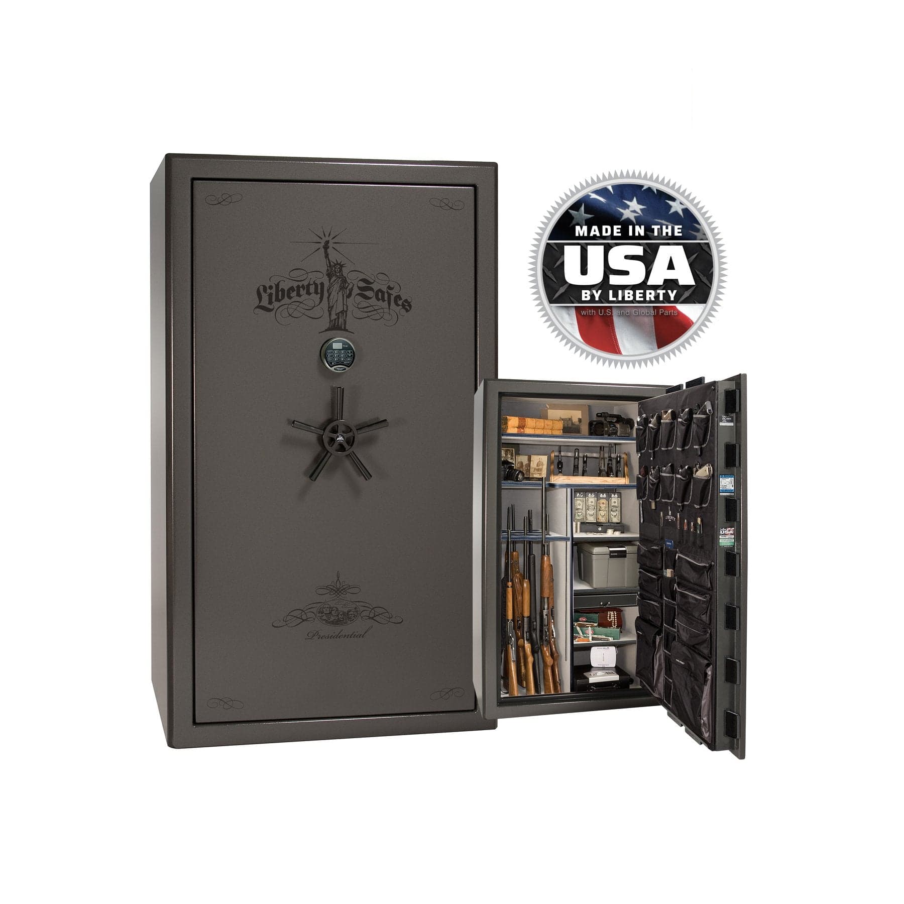 Liberty Presidential 50 Gun Safe - Maximum Security and Fire Protection - Gun Safe - Gloss Gray / Black Chrome / Silver Velour