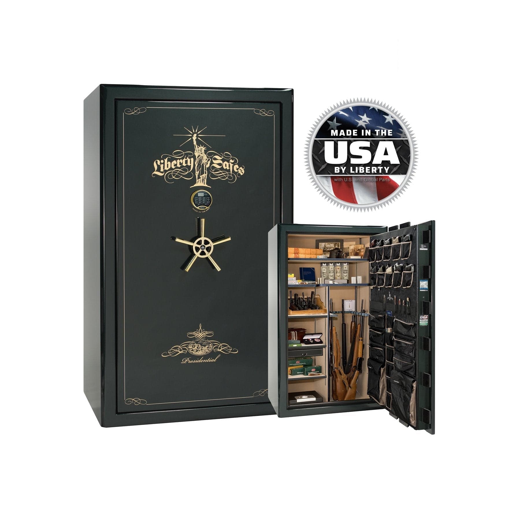 Liberty Presidential 50 Gun Safe - Maximum Security and Fire Protection - Gun Safe - Gloss Green / Brass / Beige Velour